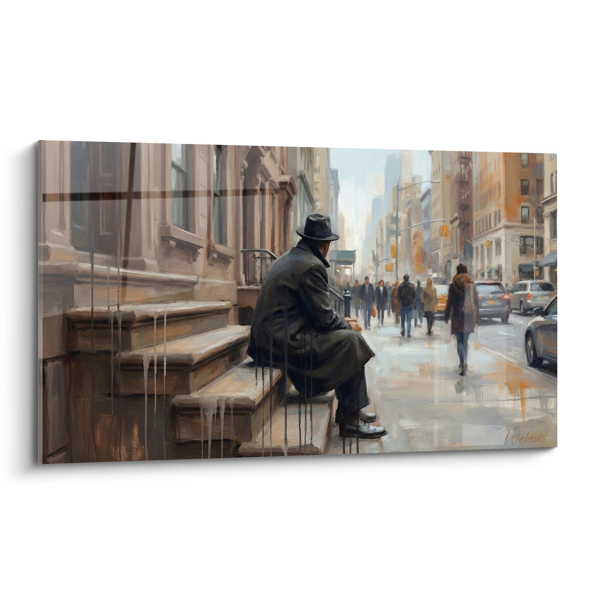 Tableau homme solitaire assis marches pierre ville reflets pavé mouillé tons ocre gris Edition Le Bronx