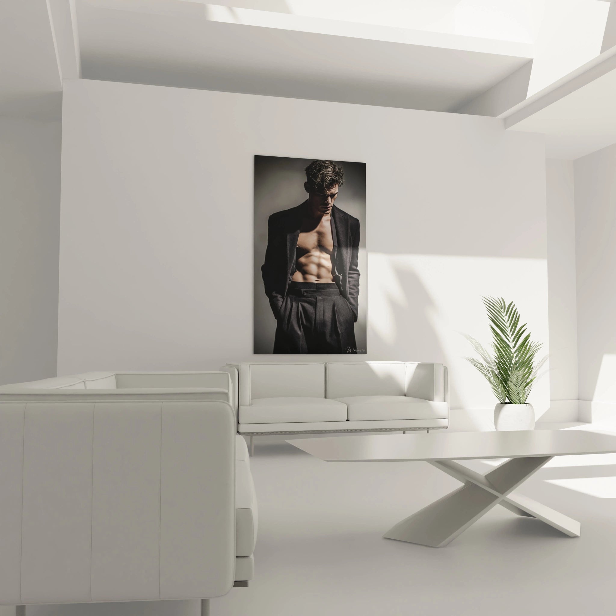 Tableau torse masculin déco de Walensky sur un mur blanc dans un salon moderne