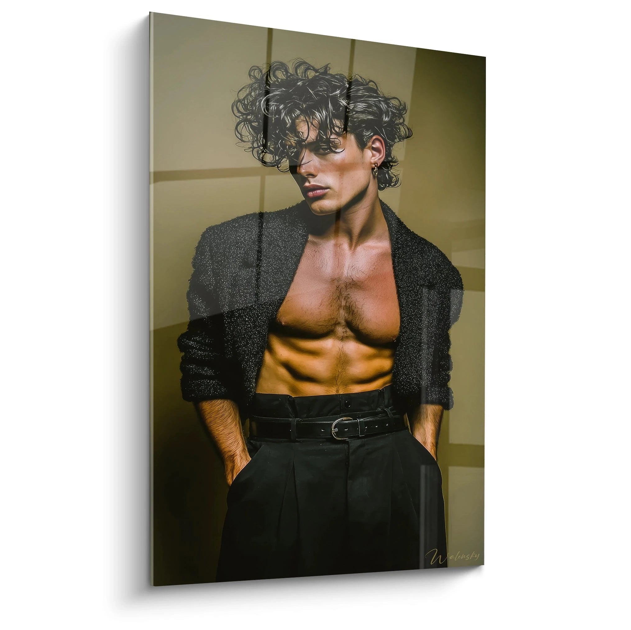 Tableau homme torse nu de Walensky, mettant en avant un modèle avec des cheveux bouclés et un look tendance