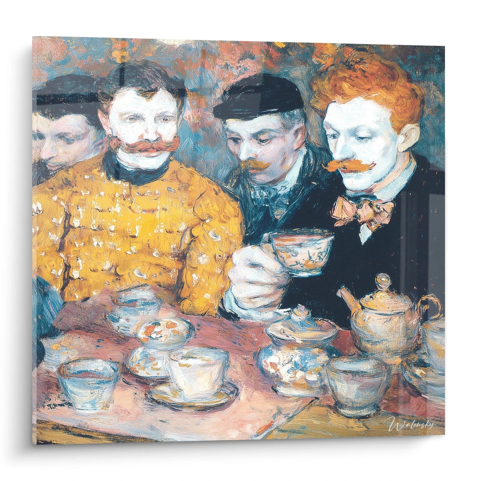 tableau post impressionnisme hommes café Walensky toile murale scène avec hommes buvant du thé et tasses colorées