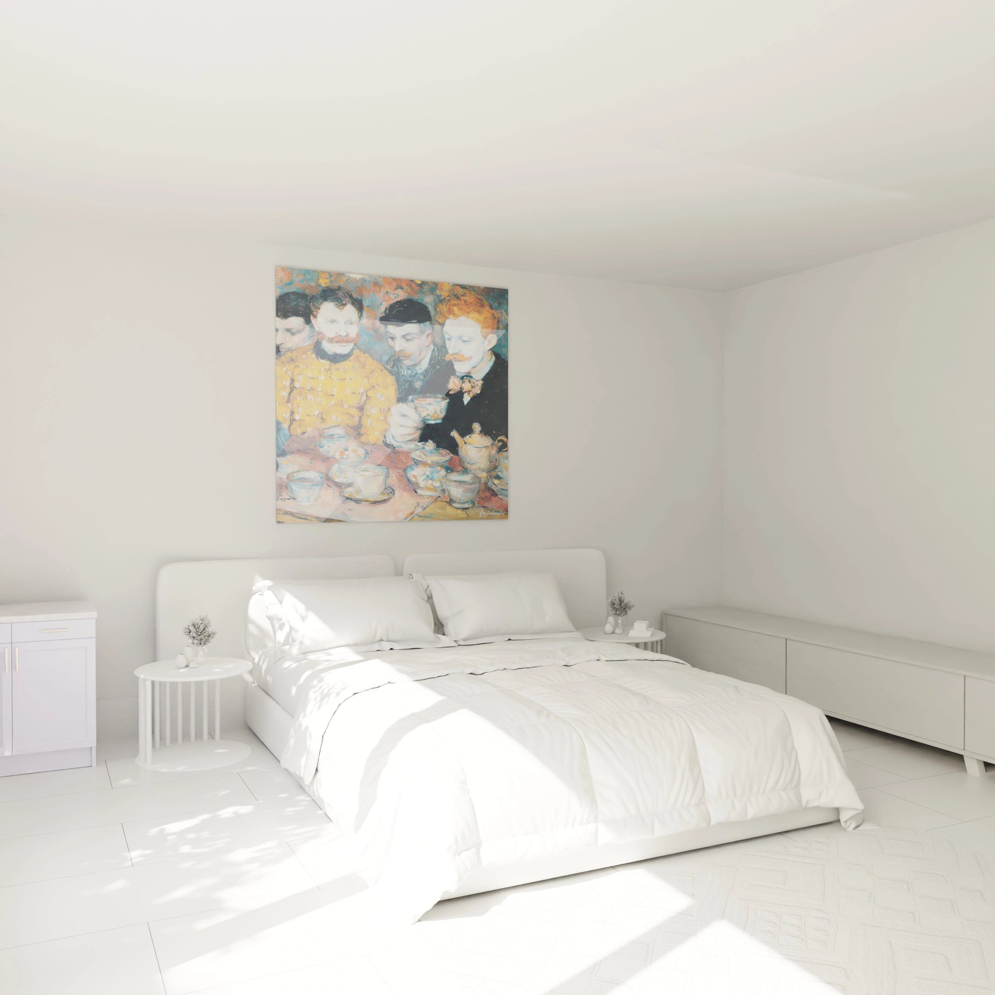 Chambre blanche minimaliste avec grand lit et tableau mural Walensky montrant tableau post impressionnisme hommes café