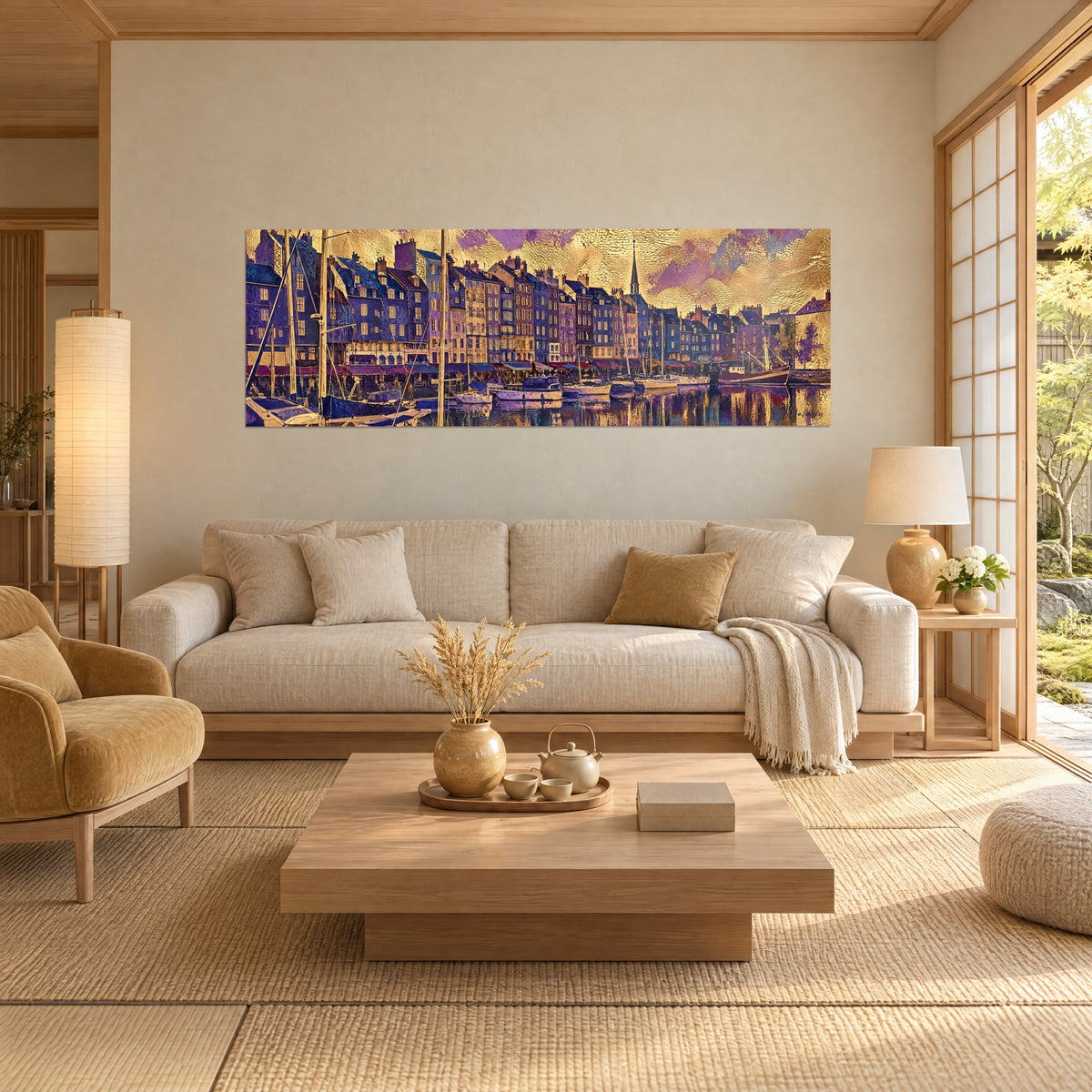 Wall art Honfleur façades in blue and violet brick under a golden sky, moored sailboats, above a sofa in a bright living room