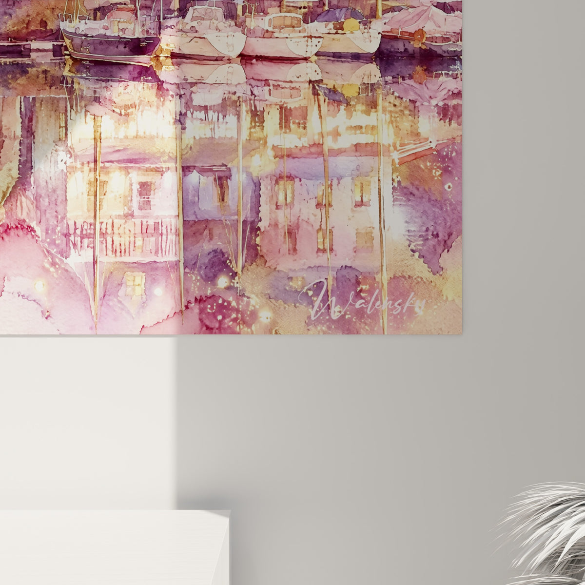 Grain aquarelle visible, coulures roses et dorées se mêlant aux reflets argentés du Vieux-Bassin d'Honfleur