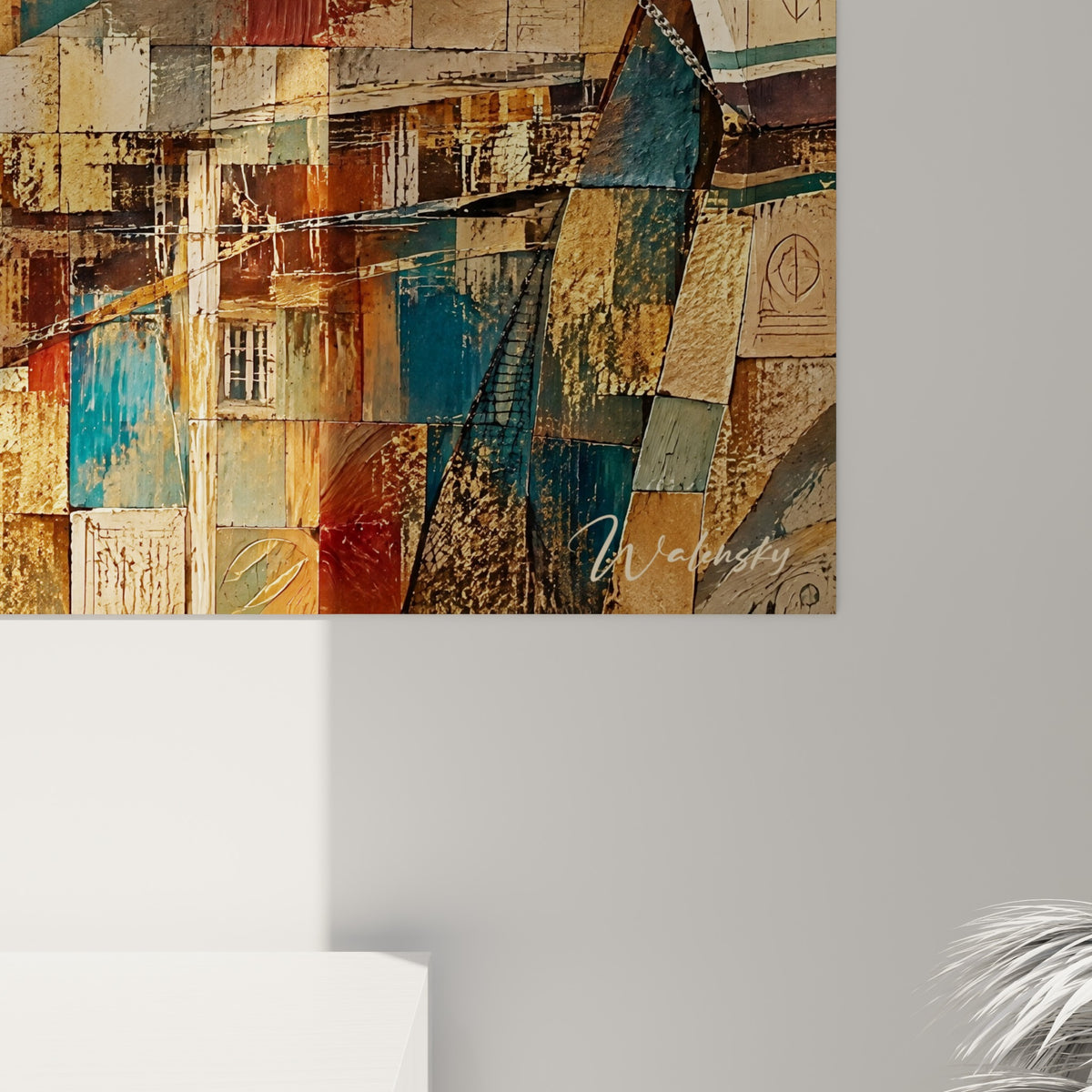 Empâtements ocre et bleu marine du port, texture fragmentée et coulures visibles sur la toile
