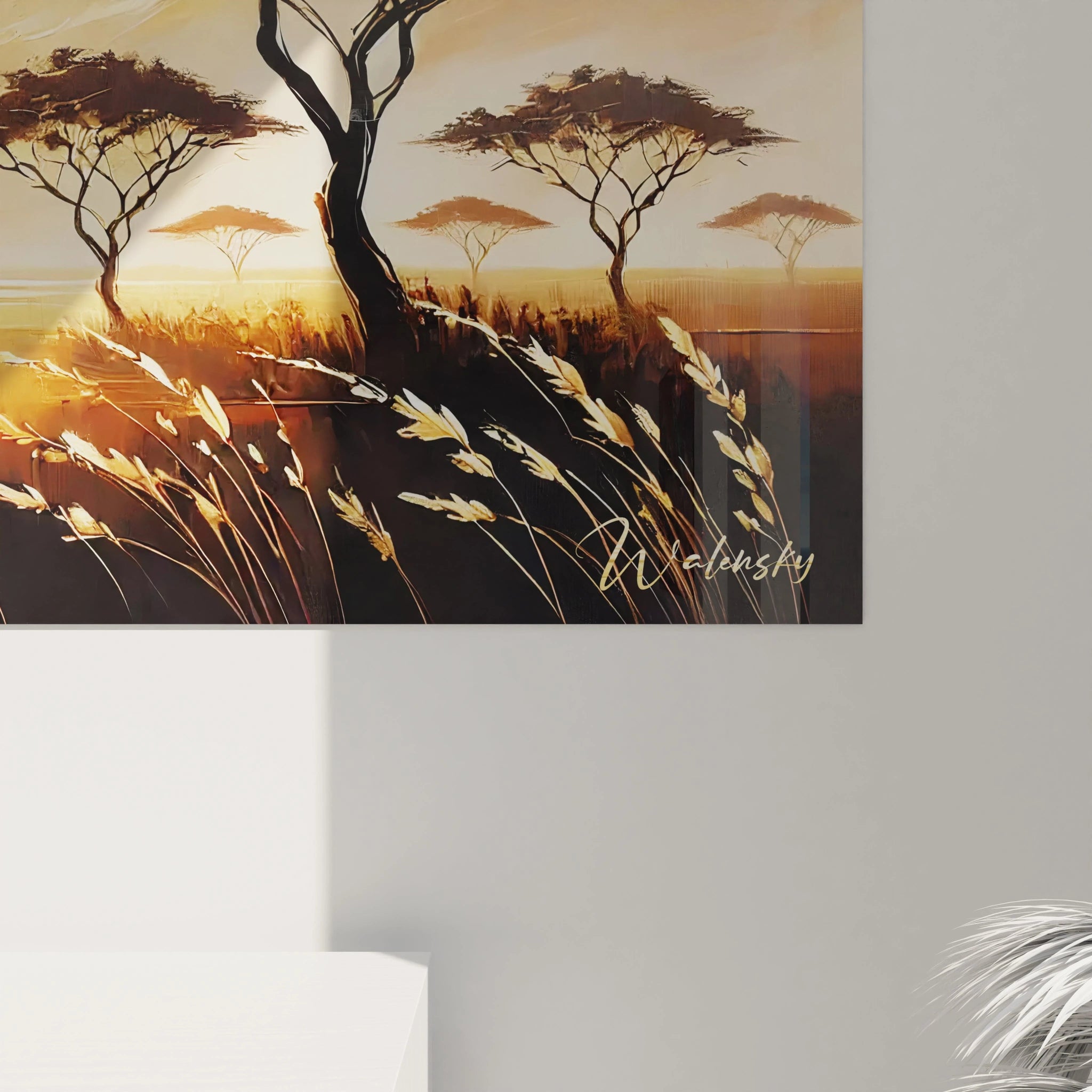 Cette vue de près du tableau Coucher de Soleil révèle des détails saisissants, tels que les silhouettes d'antilopes et les coups de pinceau vibrants qui rendent hommage à la nature.