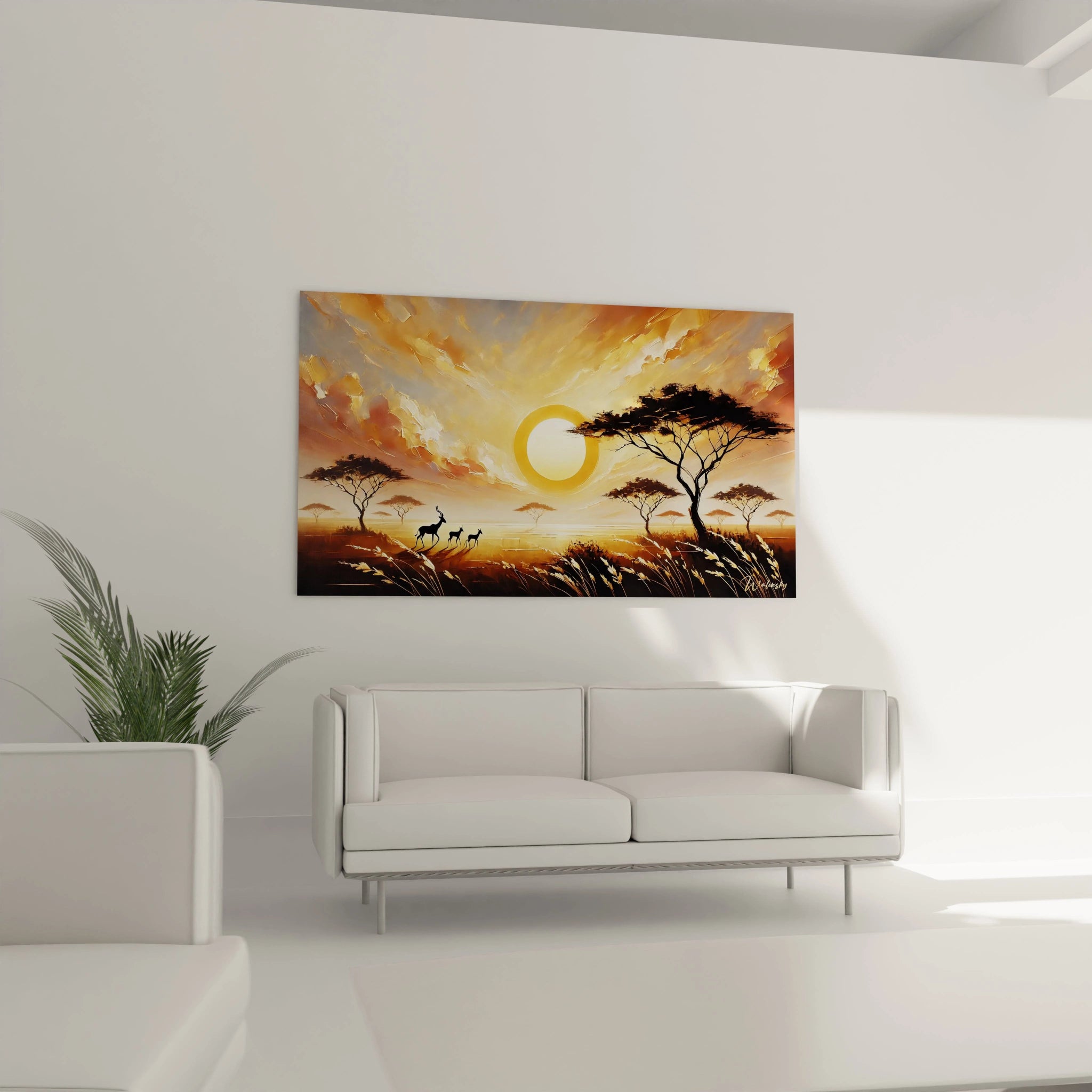 Le tableau Coucher de Soleil se démarque dans le salon, accroché au-dessus du canapé. Son style texturé et ses couleurs vibrantes transforment l'ambiance avec une touche d'élégance.