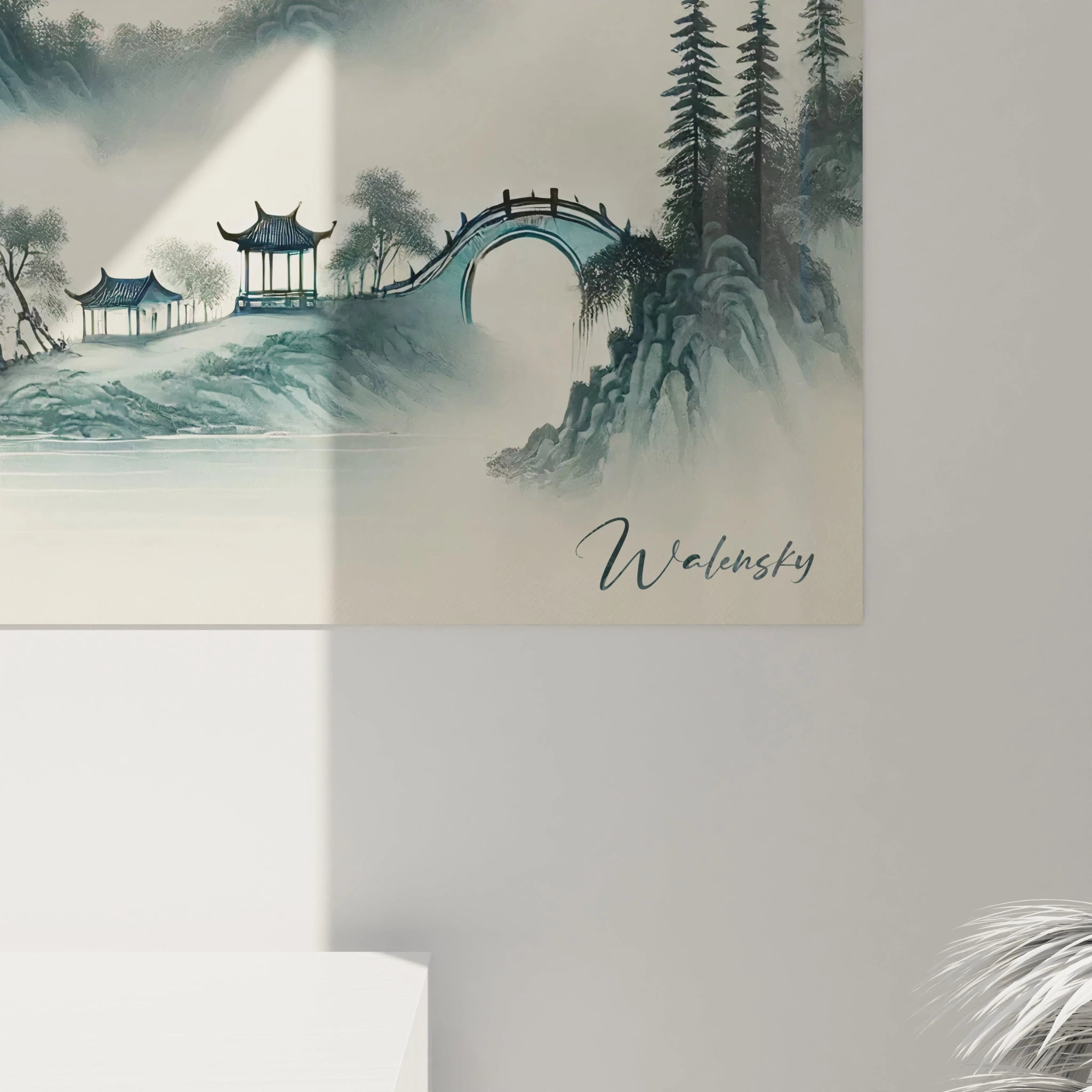 Vue de pres ce tableau peinture chinoise devoile des details realistes et delicats les nuances de gris et bleu capturent la magie des montagnes et des pavillons