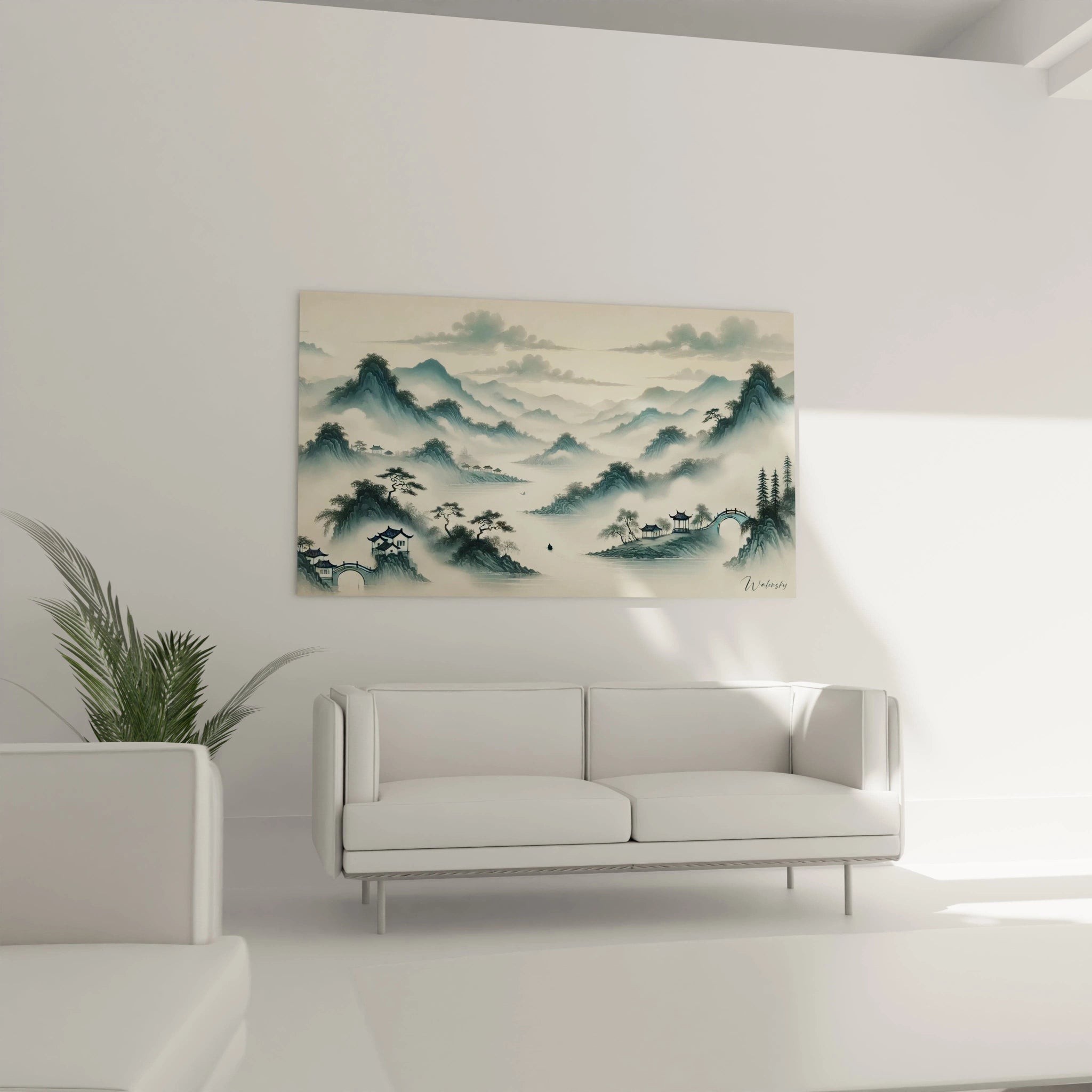 Dans le salon ce tableau peinture chinoise au dessus du canape evoque un paysage onirique invitant a l evasion a travers des nuances de bleu et de gris pour un decor apaisant