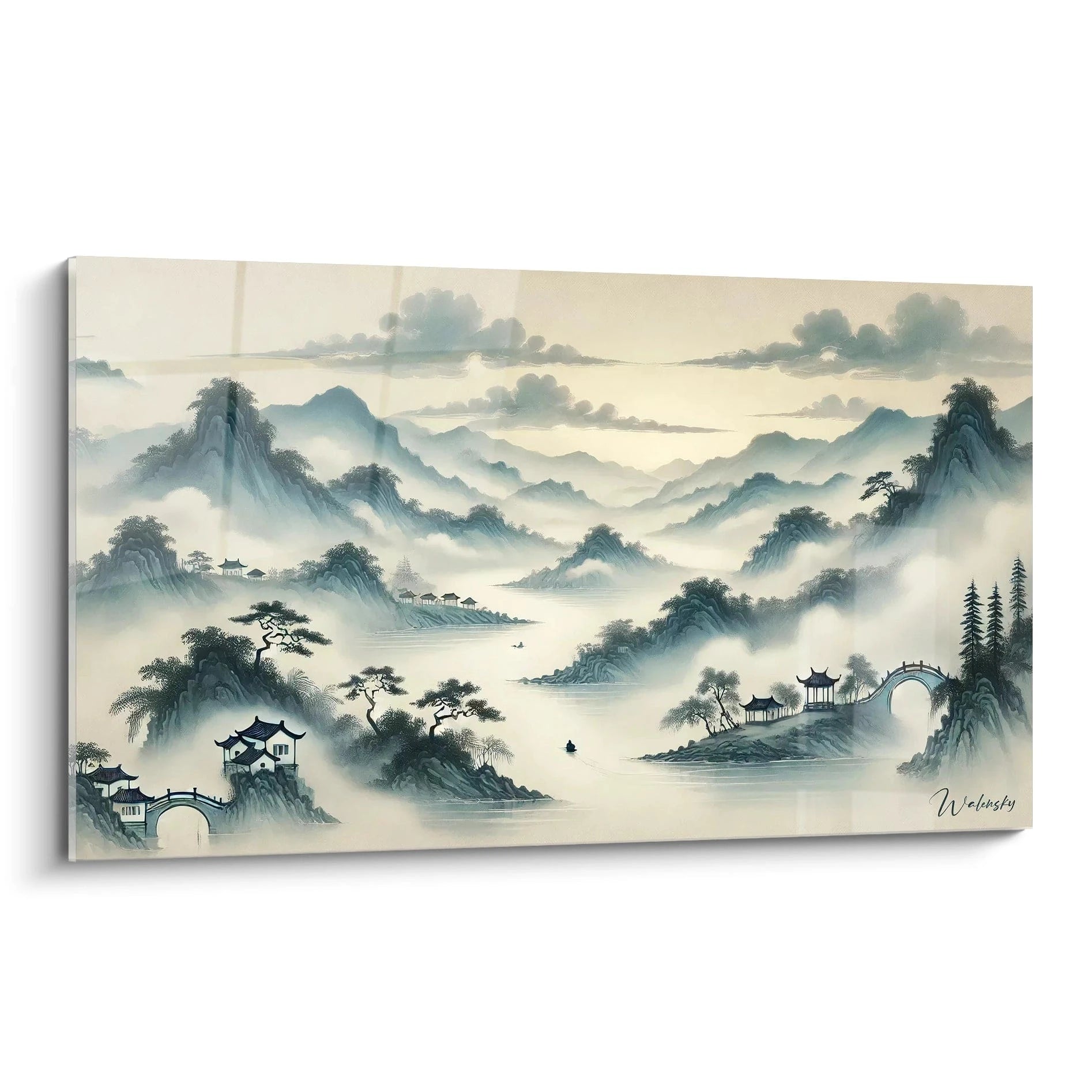 Tableau peinture chinoise vue de biais capturant la serenite des montagnes embrumees et des eaux calmes un hommage aux traditions chinoises et a l harmonie entre nature et architecture