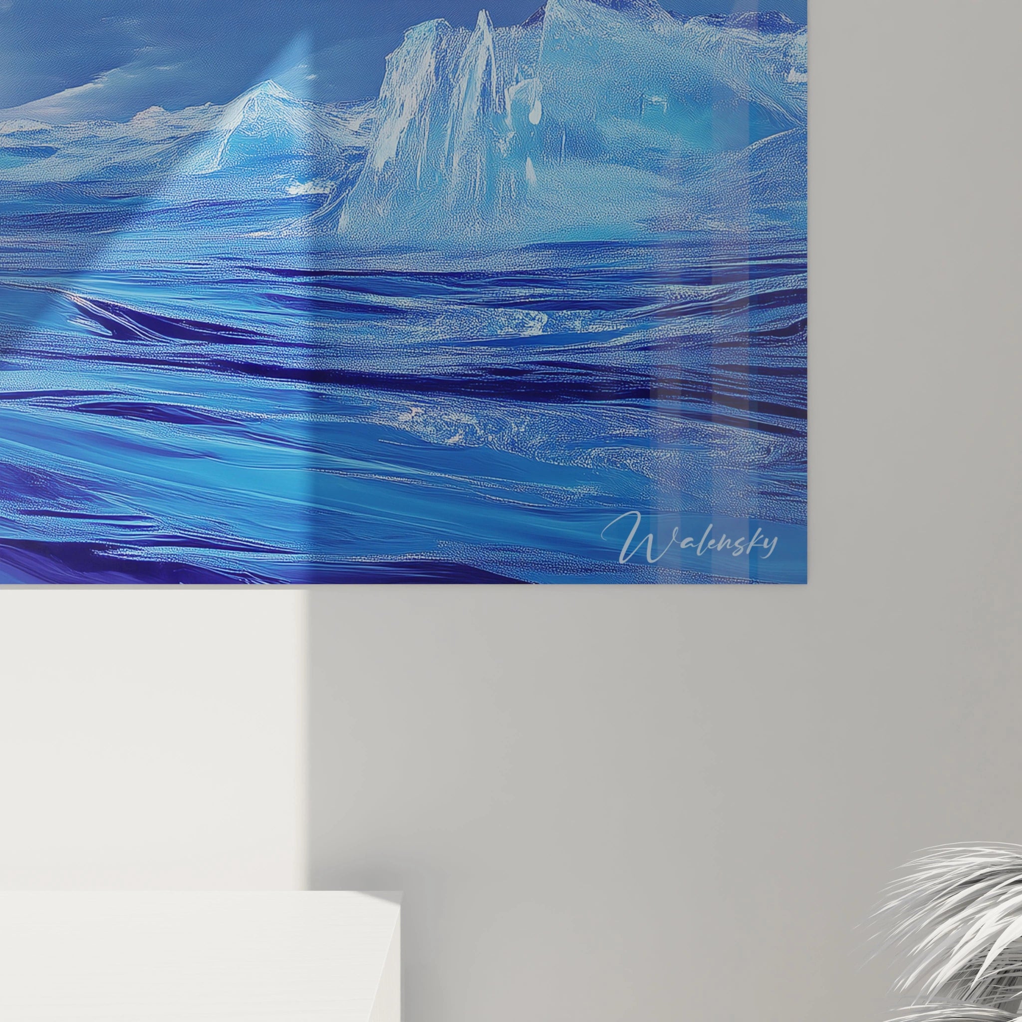 Un tableau mer polaire illustrant une étendue océanique aux reflets bleutés et violacés, dominée par des vagues sculptées et des structures glacées aux bords anguleux, avec une texture lisse pour l'eau et des effets mats pour les glaces.