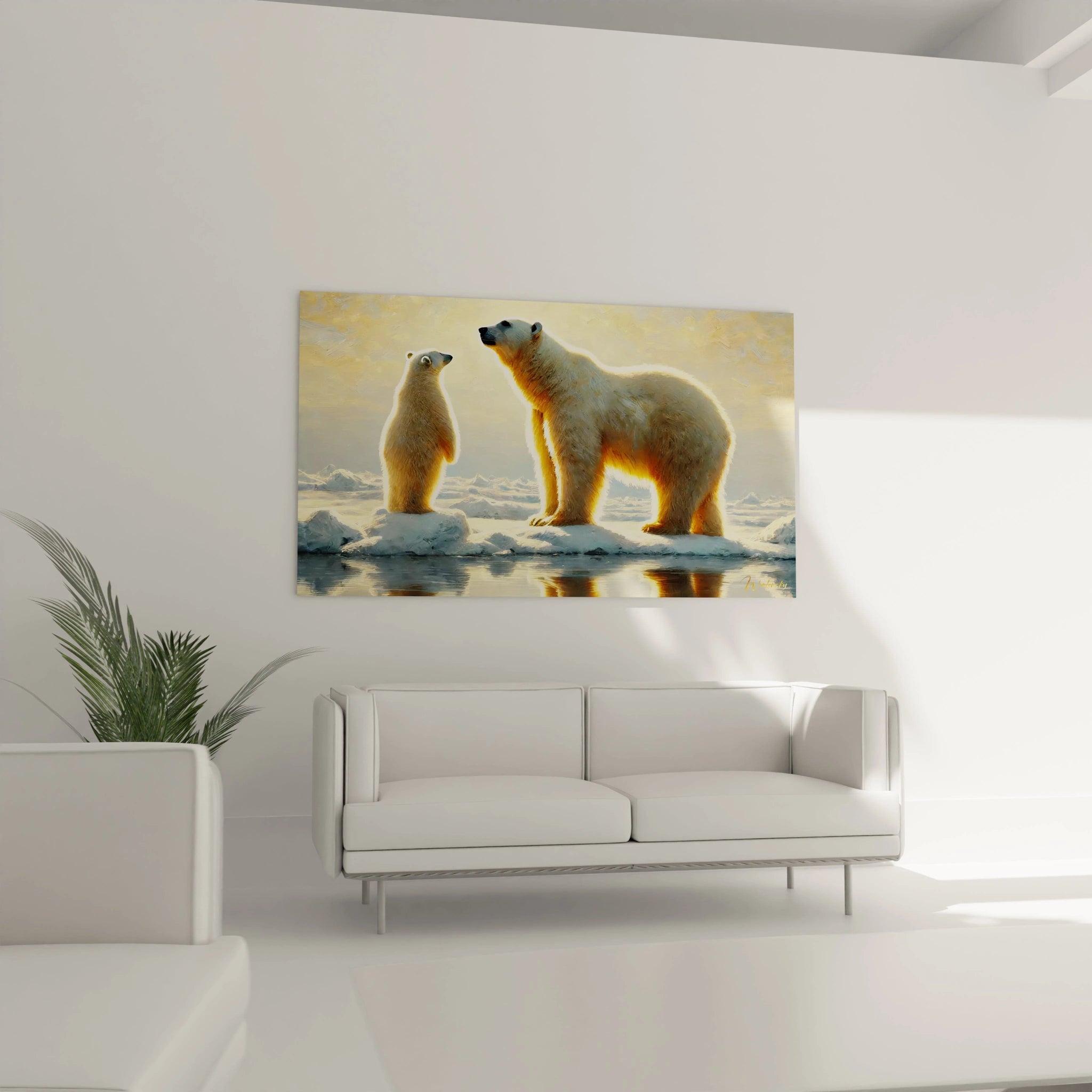 Dans un salon, ce tableau ours polaire devient un point focal impressionnant. La lumière dorée et le paysage glacé créent une harmonie visuelle qui apportera chaleur et élégance à votre espace de vie.