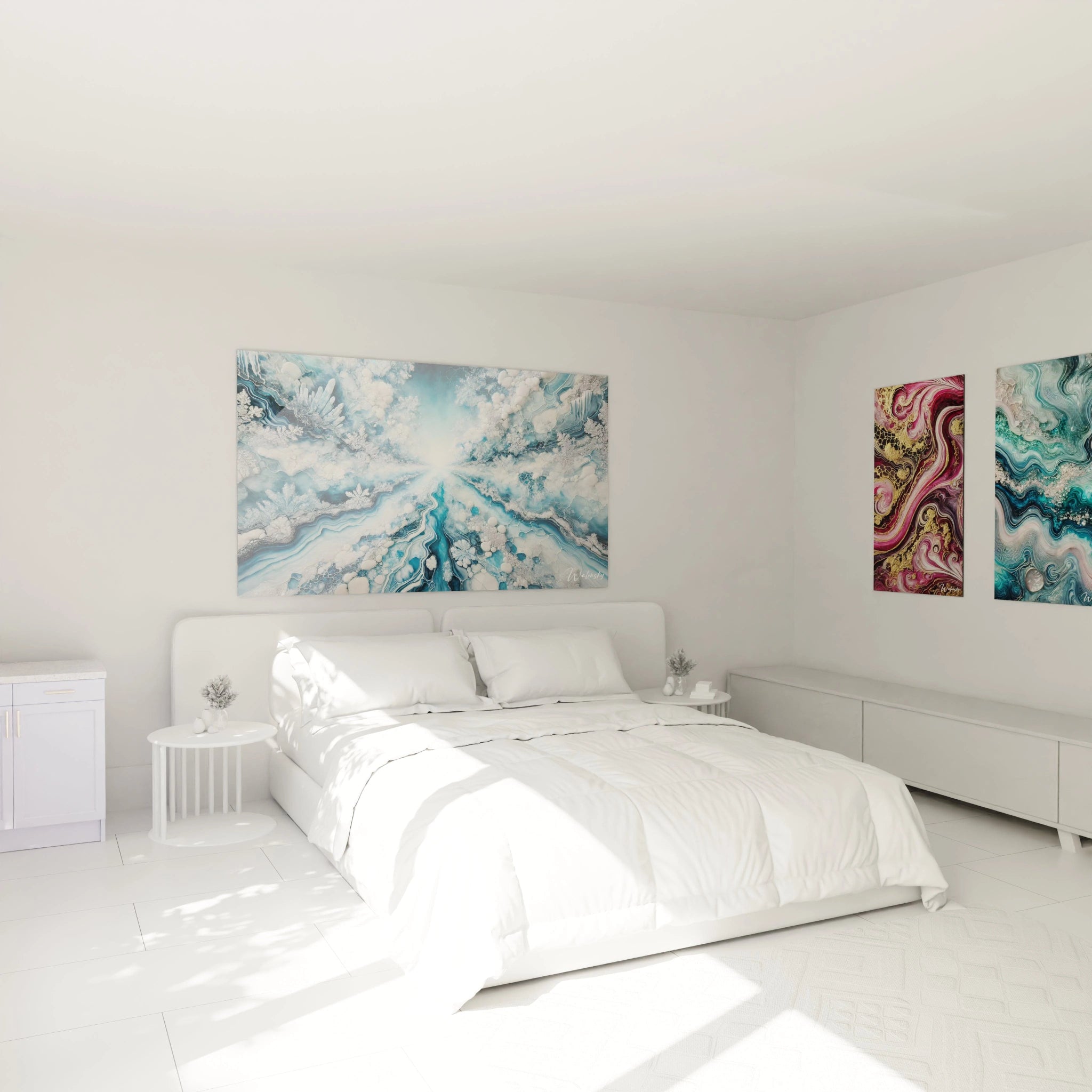 Tableau style epoxy au-dessus du lit, parfait pour une chambre apaisante. Les formes fluides et les couleurs glacées, bleu et argent, créent une atmosphère sereine et lumineuse, idéale pour la détente.
