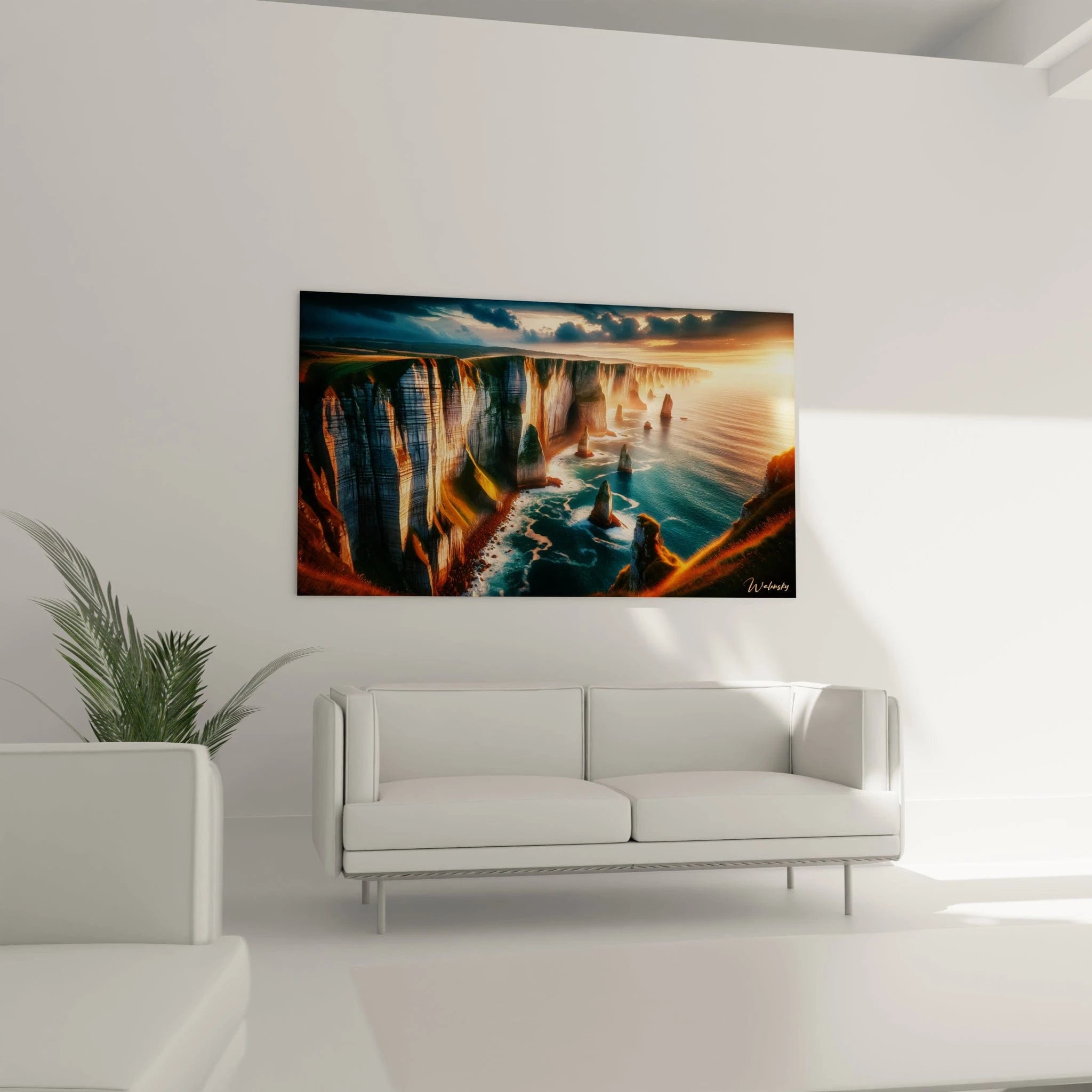 Tableau paysage figurant une côte découpée avec falaises hautes, océan bleu foncé, formations rocheuses isolées, et dégradés de lumière dorée au coucher du soleil.