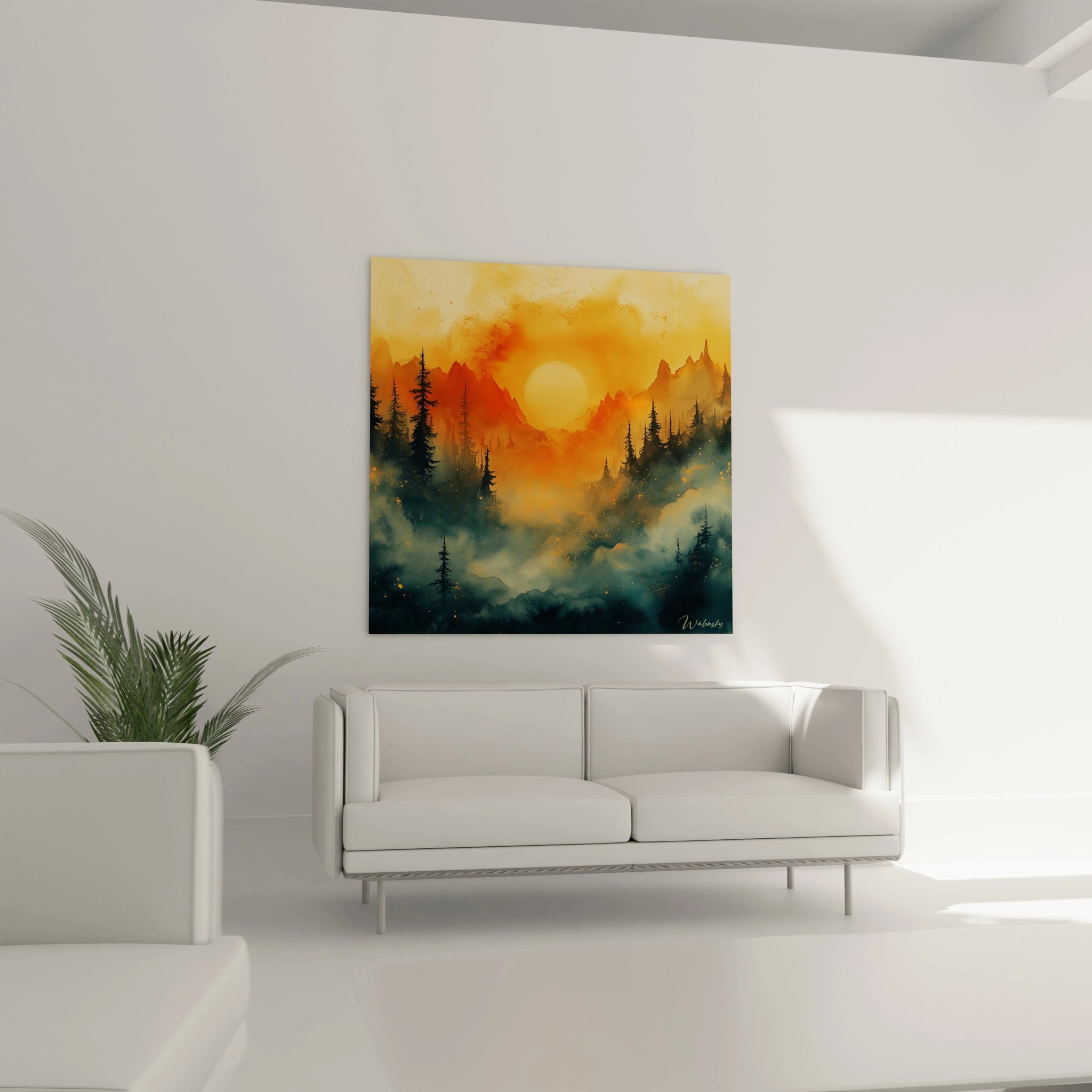 Un tableau coucher de soleil naturel illustrant un paysage de forêt et montagne baigné dans une lumière crépusculaire orangée. Contrastes prononcés entre ciel embrasé et végétation sombre. Effets de brume et particules lumineuses créant une ambiance onirique.