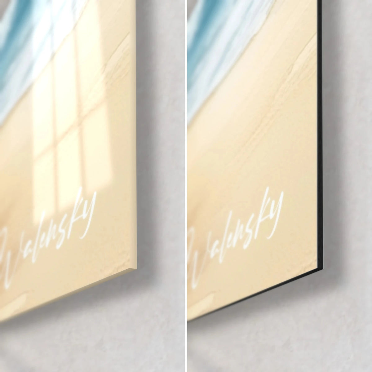 Wall art of deep blue watercolour waves and ochre sand, glossy glass corner at bottom left, matte Dibond on the right