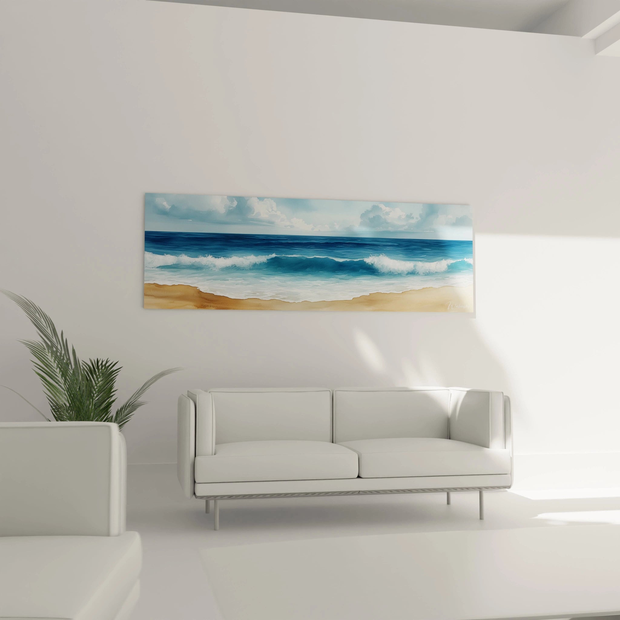 Un tableau plage capturant l'instant précis où les vagues bleues rencontrent le rivage doré, sous un ciel nuageux aux tons pastel, présentant des effets de transparence dans l'eau et un rendu texturé de l'écume blanche.