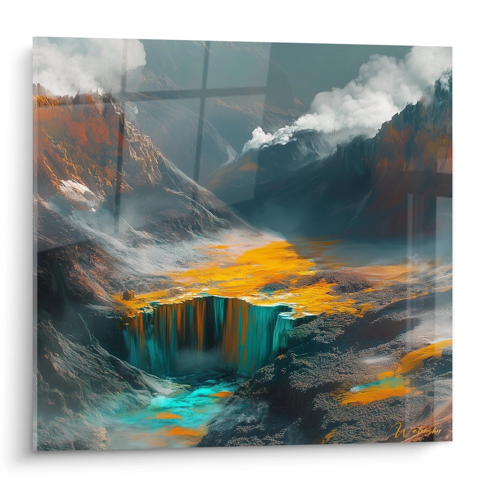 Un tableau montagne saisissant représentant une gorge profonde dominée par des falaises abruptes, où une cascade turquoise plonge dans un bassin entouré de plateaux dorés, le tout enveloppé d'une brume légère créant une atmosphère mystique.