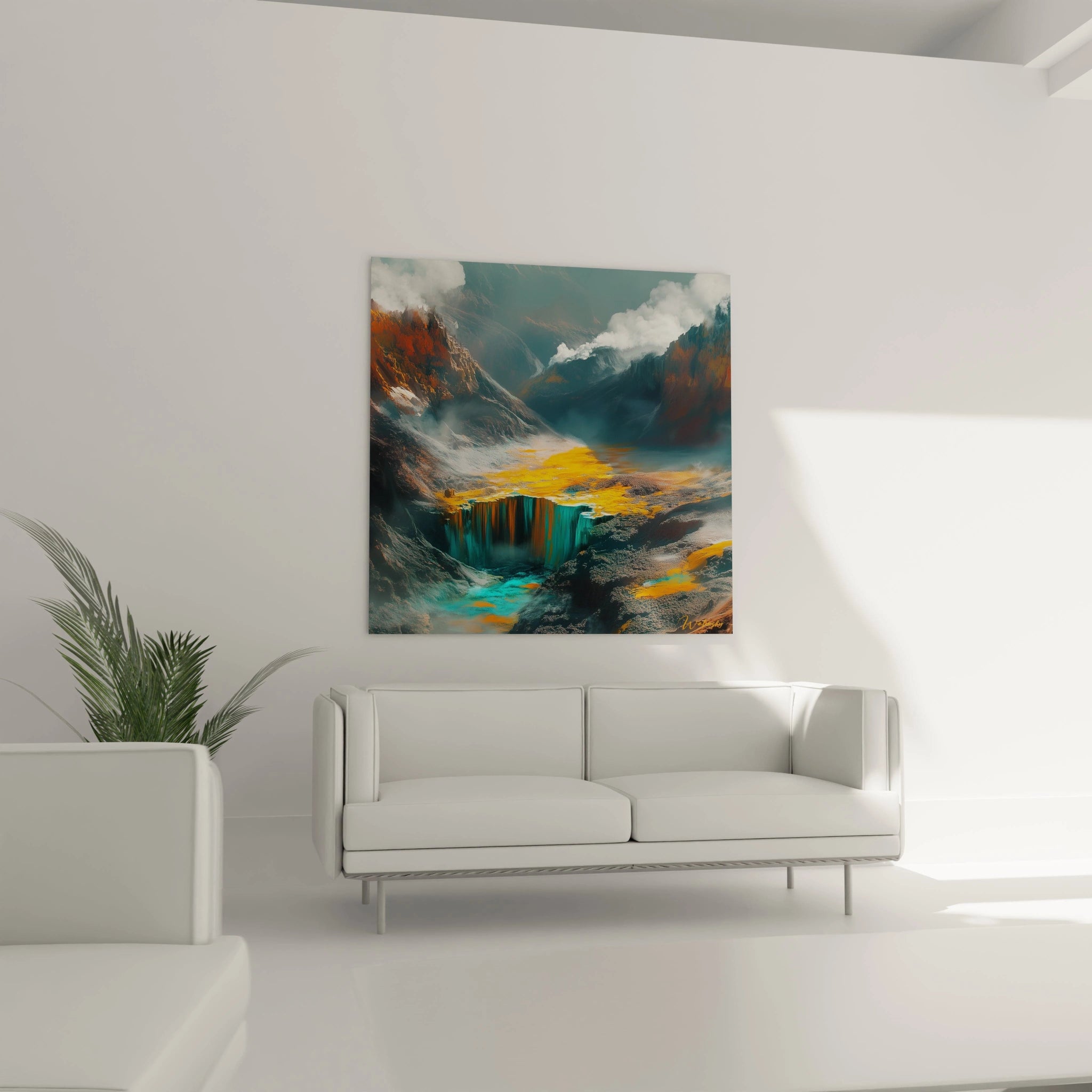 Un tableau montagne majestueux présentant une perspective plongeante sur un canyon aux teintes bleu-vert, encadré par des sommets brumeux et illuminé par des touches dorées éclatantes créant un effet dramatique entre ombre et lumière.