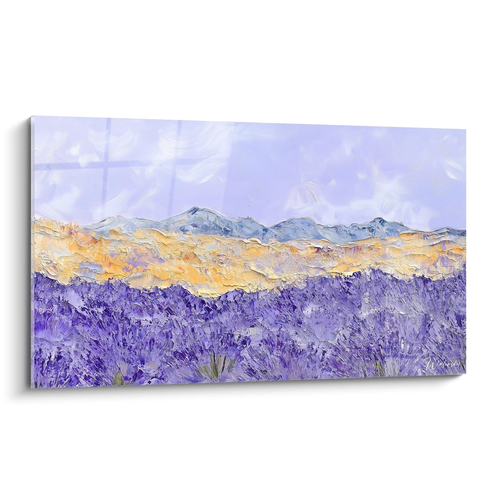 Un tableau paysage représentant des champs de lavande violets au premier plan, une bande dorée médiane et des montagnes bleutées à l'horizon, avec une texture empâtée créant un relief prononcé sur toute la surface.