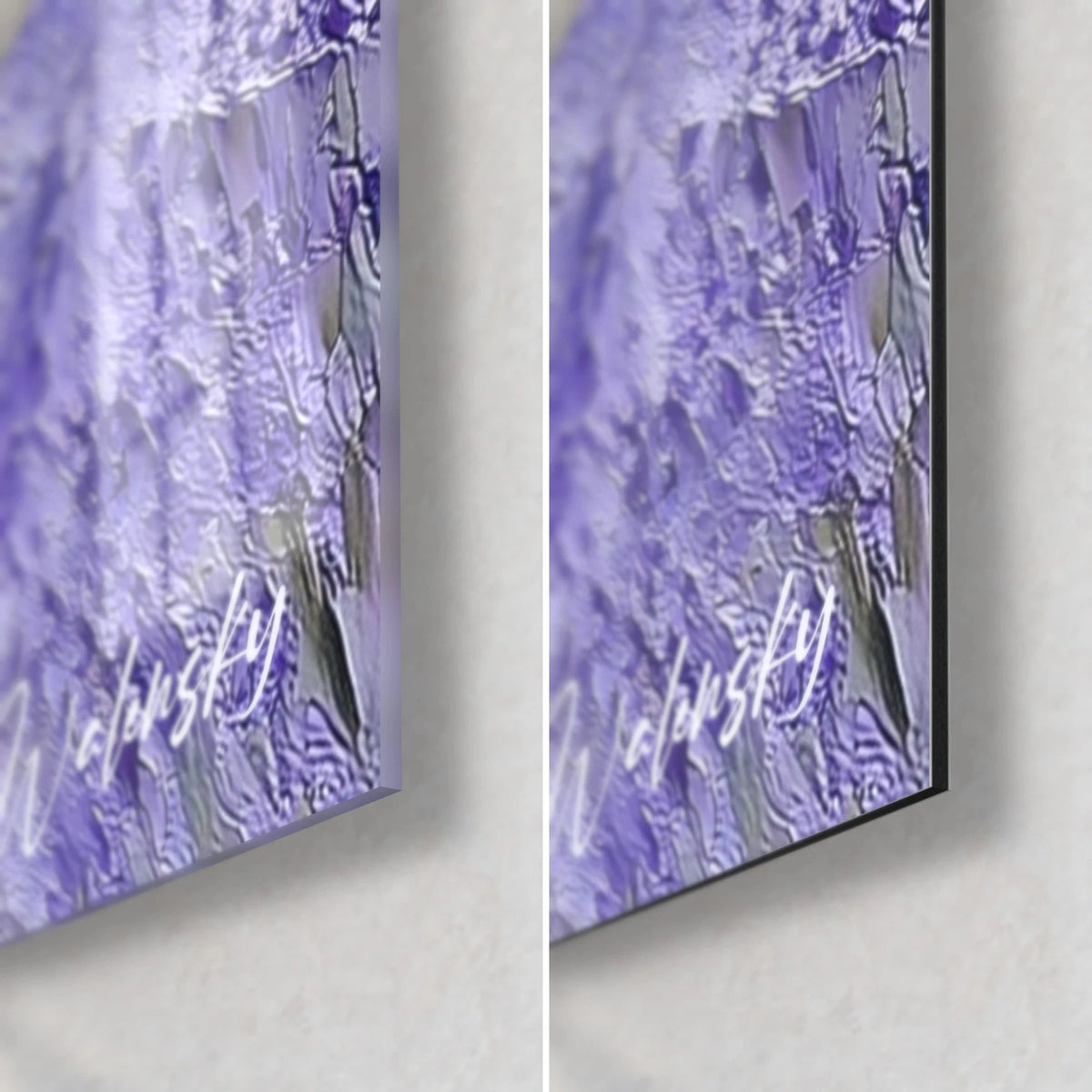 Cuadro lavandas en empastes violetas y dorados, esquina inferior derecha: cristal acrílico brillante a la izquierda, aluminio Dibond mate a la derecha, canto de 3 mm