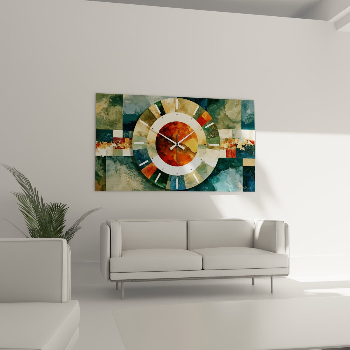 Composition patchwork ocre et anthracite de cette horloge au-dessus d'un canapé dans un salon lumineux
