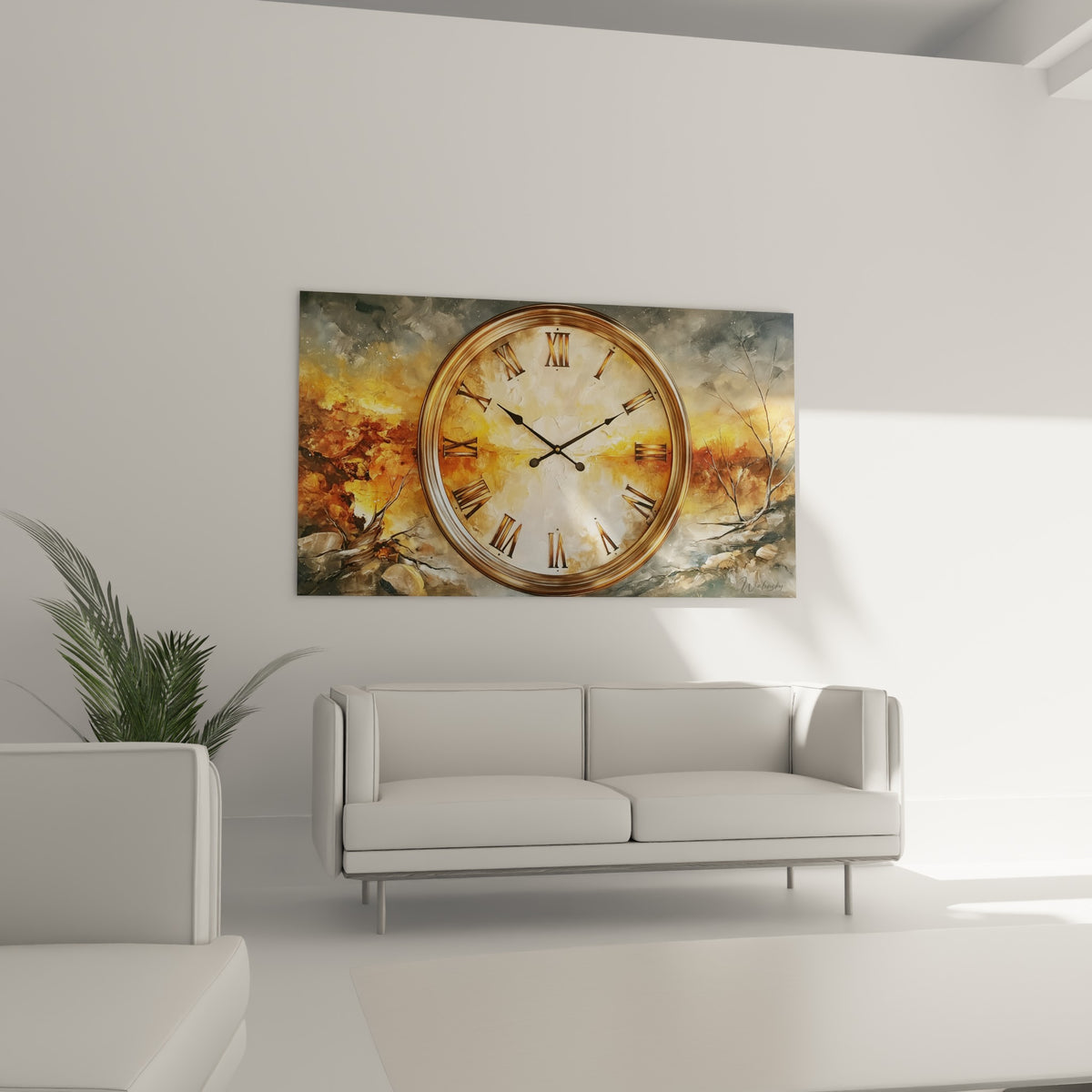 Chiffres romains cuivrés et ciel anthracite d'une horloge terracotta au-dessus d'un canapé dans un salon lumineux