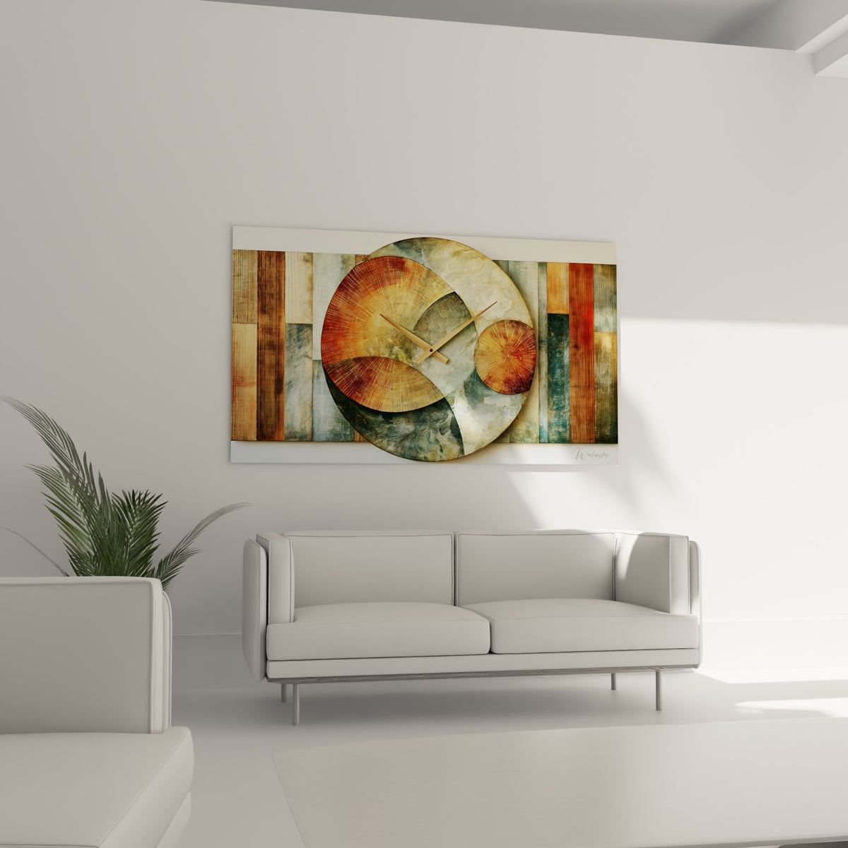 Horloge murale ocre et gris-vert sculptée, disposée au-dessus d'un canapé dans un salon lumineux
