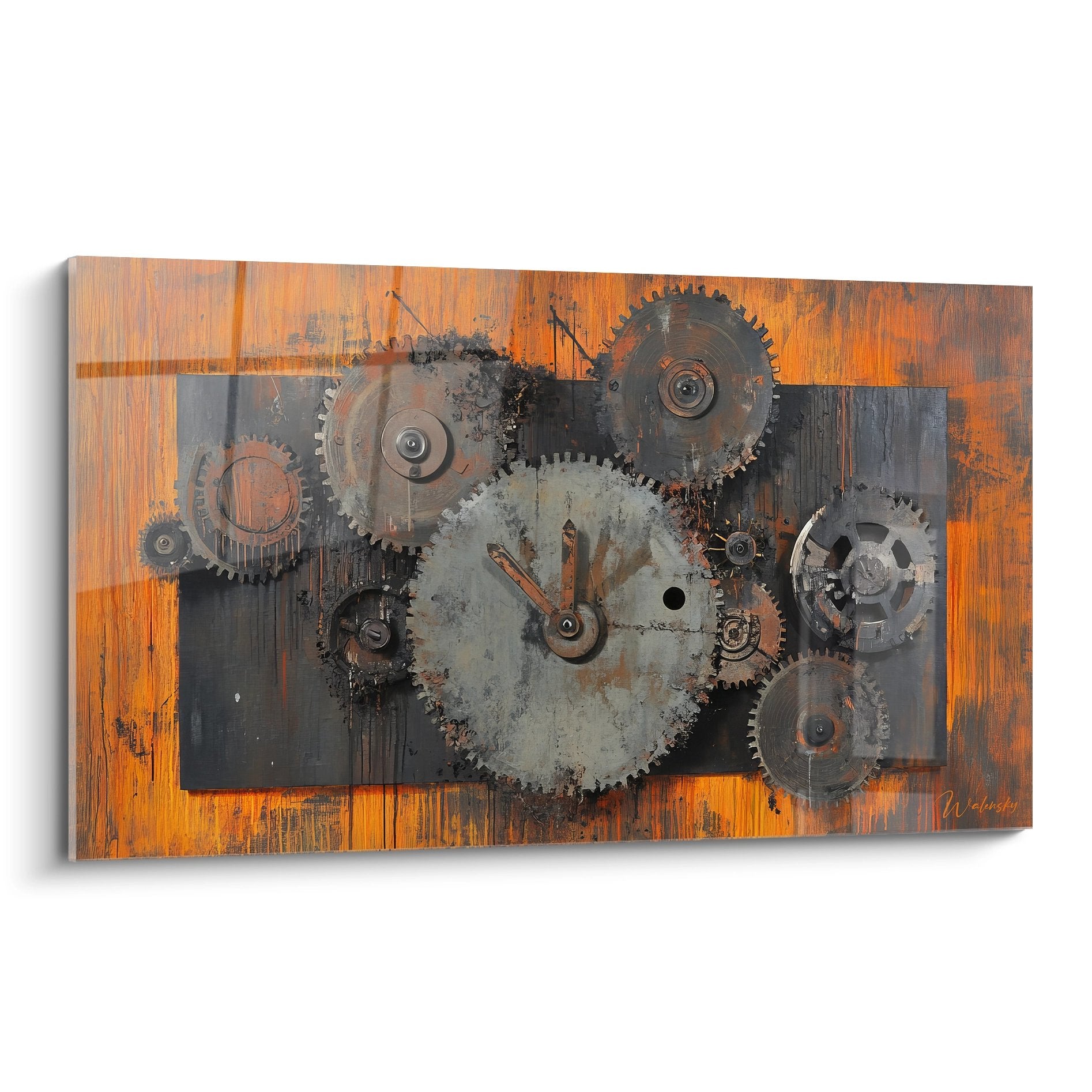 Tableau horloge engrenages industriels style steampunk avec rouages métalliques sur bois patiné orange