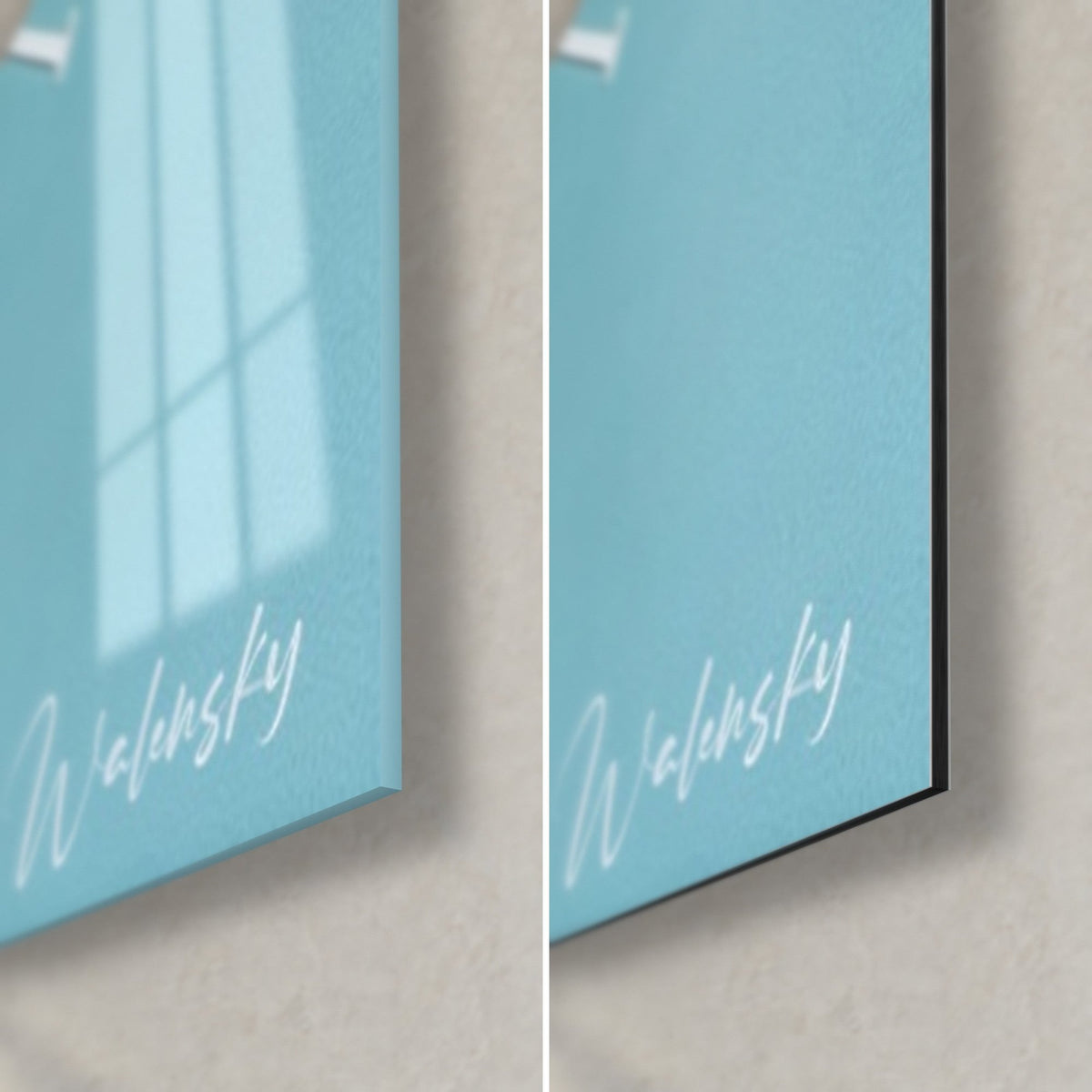 Wall art with a teal and mint clock face, bottom right corner: glossy acrylic glass with reflections, matte black Dibond aluminum, 3 mm edge and Walensky signature
