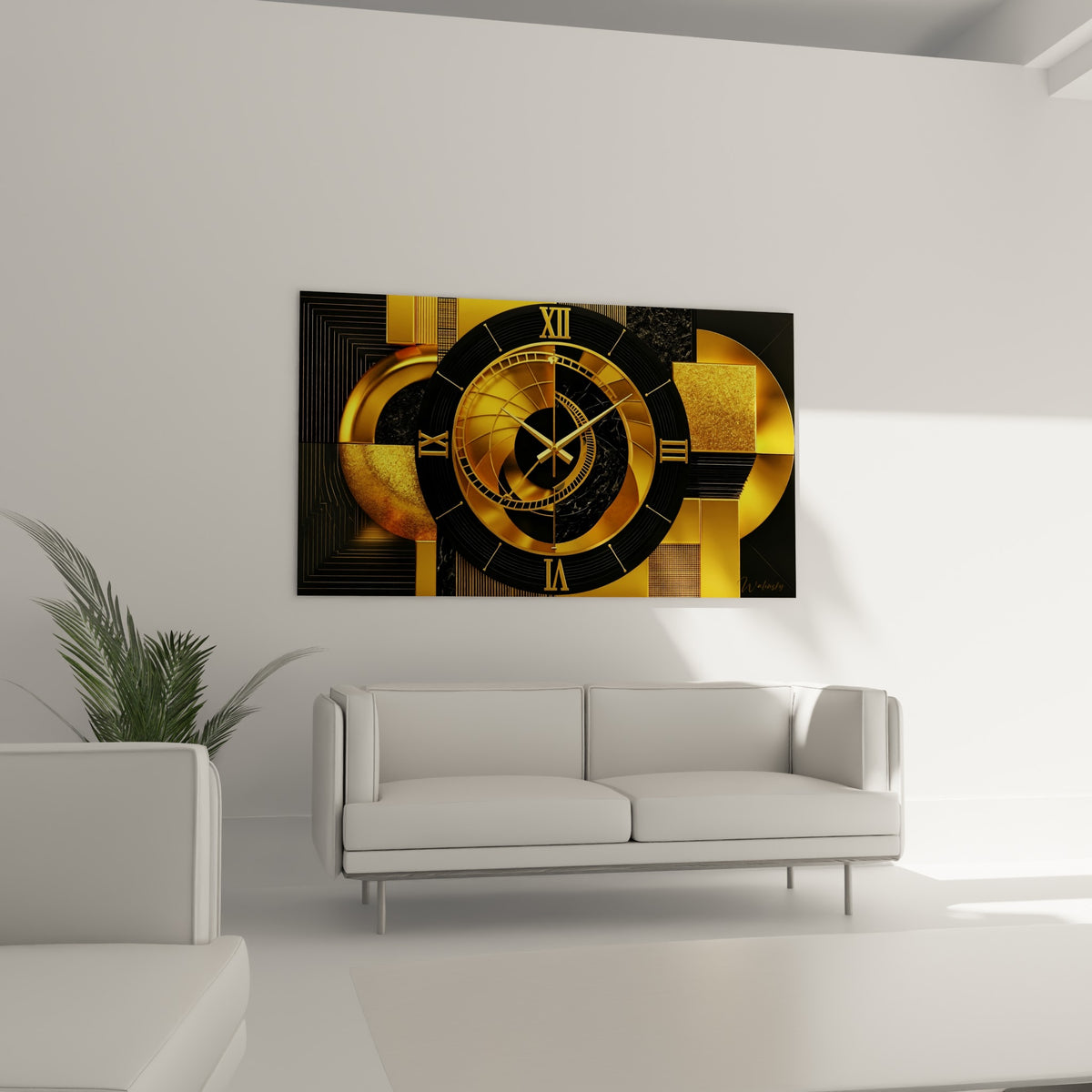 Mécanisme doré et noir aux cercles concentriques disposé au-dessus d'un canapé dans un salon lumineux