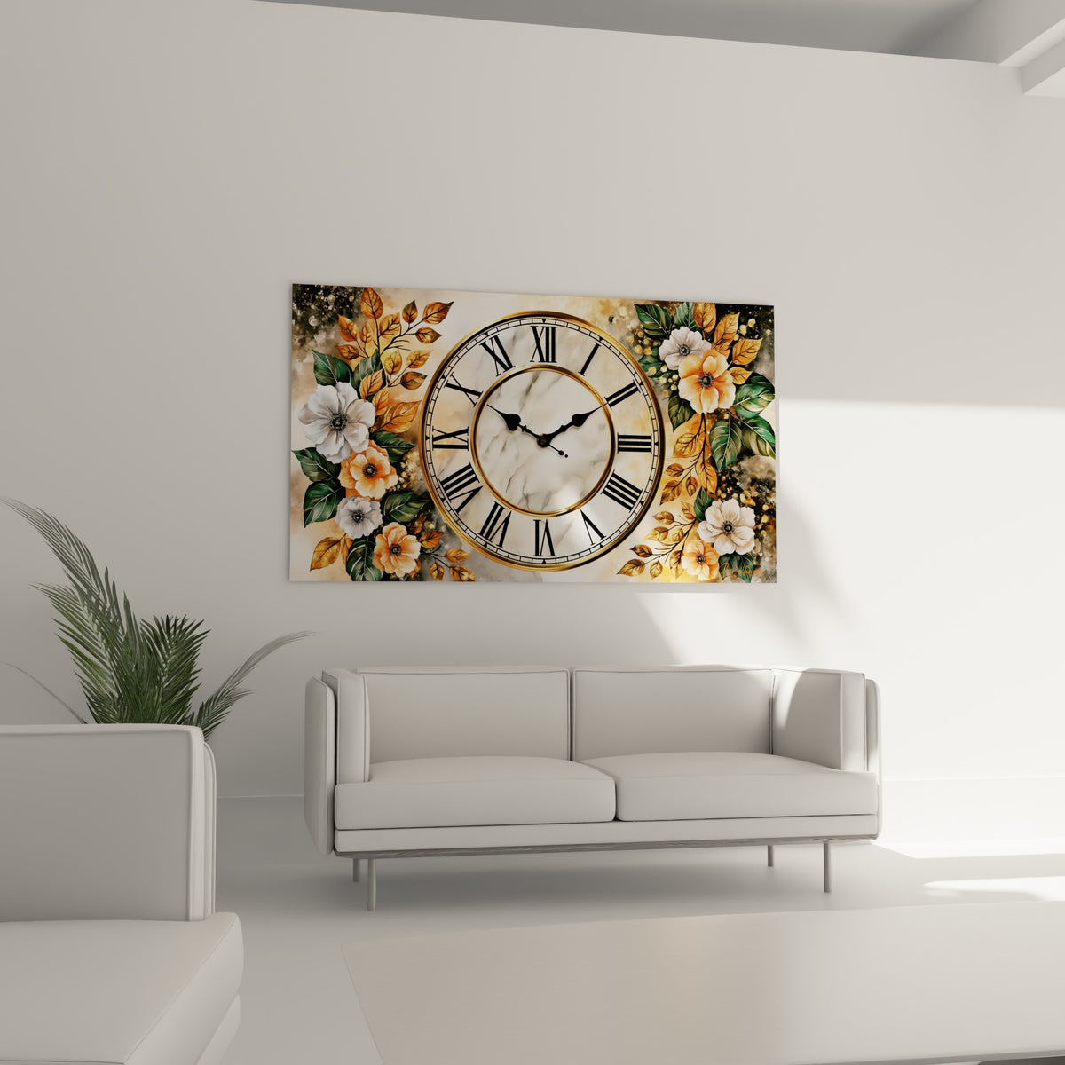 Cadran marbré et feuillages dorés de cette horloge suspendus au-dessus d'un canapé dans un salon lumineux