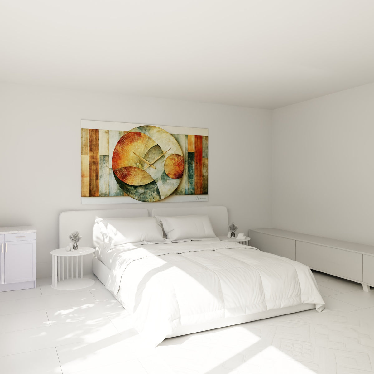 Horloge abstraite terracotta et sauge, composition circulaire au-dessus d'un lit dans une chambre claire