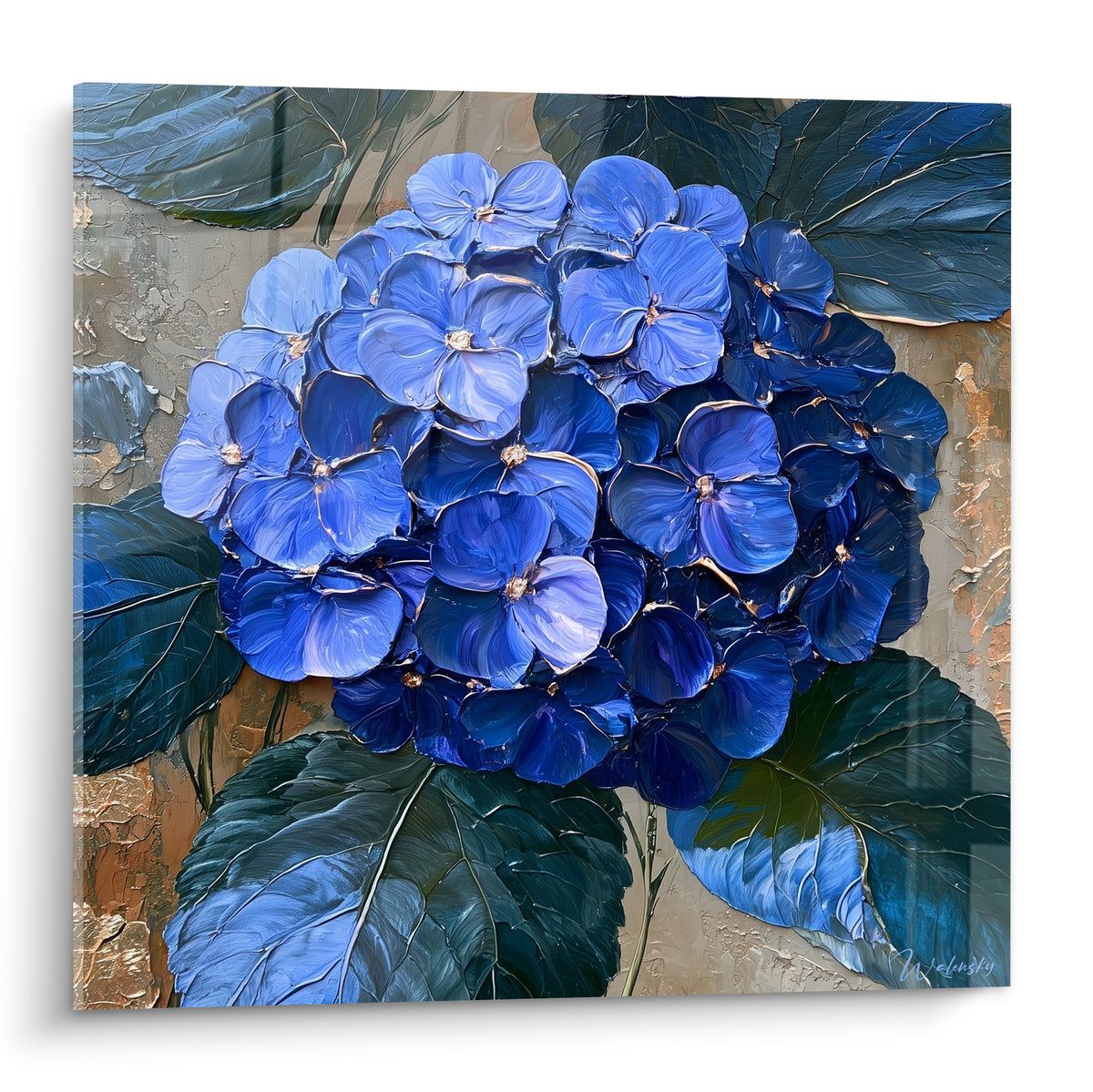 Hortensia bleu marine et bleu ciel en empâtement épais, feuillage vert forêt en arrière-plan