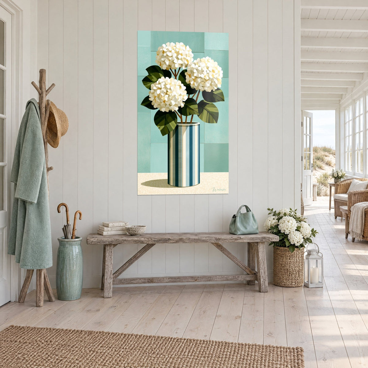 Wall art bouquet of ivory hydrangeas in a navy-striped vase, mint background, three-quarter view, seaside house