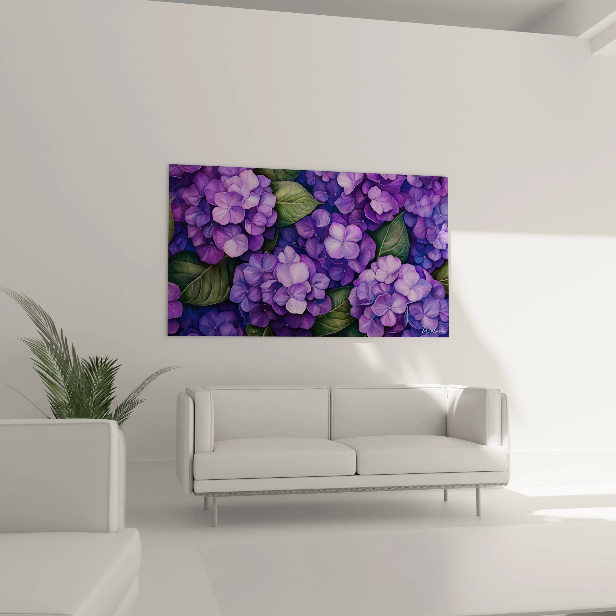 Un tableau Hortensia nature montrant un assemblage de fleurs aux teintes violettes et bleues, avec un effet de superposition créant de la profondeur et des feuilles vertes en arriÚre-plan.