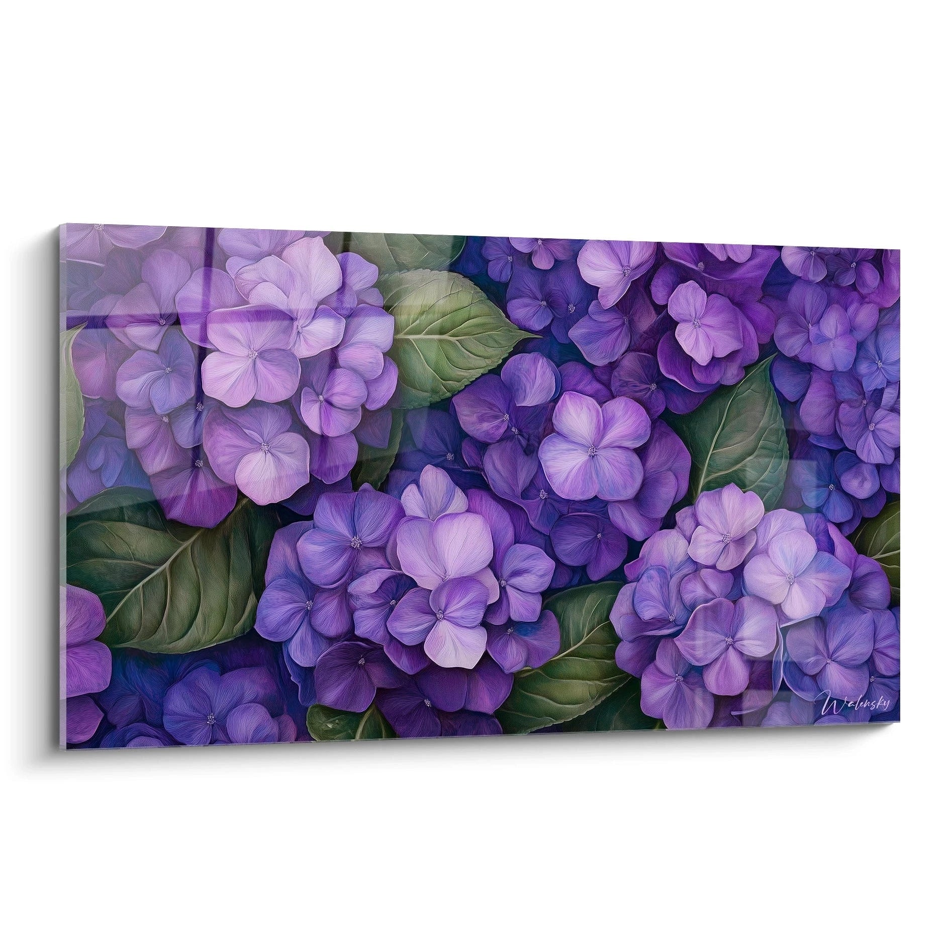 Un tableau Hortensia nature reprĂ©sentant un ensemble dense de fleurs violettes et bleues, avec des feuilles vertes, des textures dĂ©taillĂ©es et des jeux dâombres accentuant les reliefs.