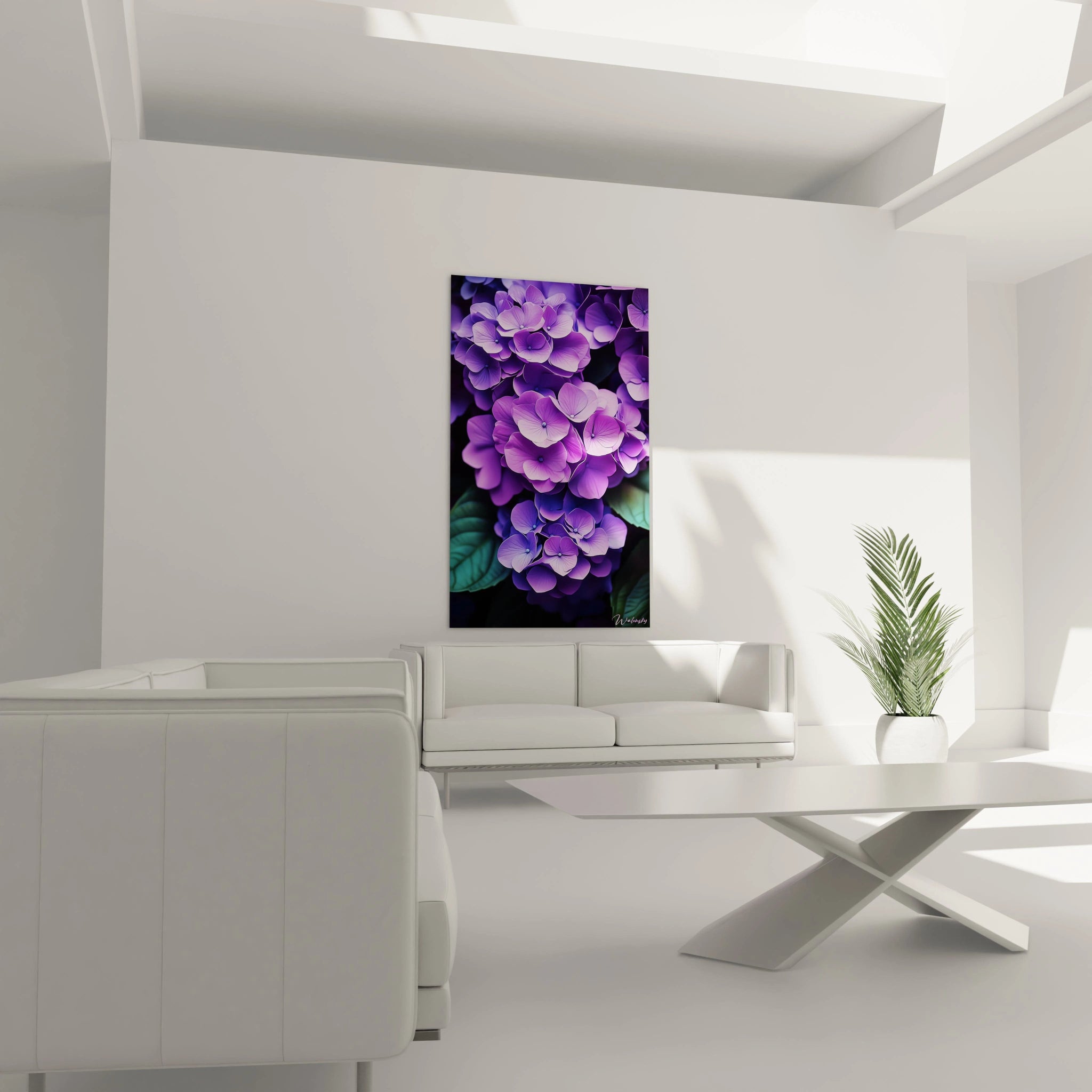 Un tableau Hortensia nature mettant en avant des fleurs aux teintes violettes et bleues, avec des effets de reliefs doux et un jeu dâombres accentuant le volume des pĂ©tales et des feuilles.