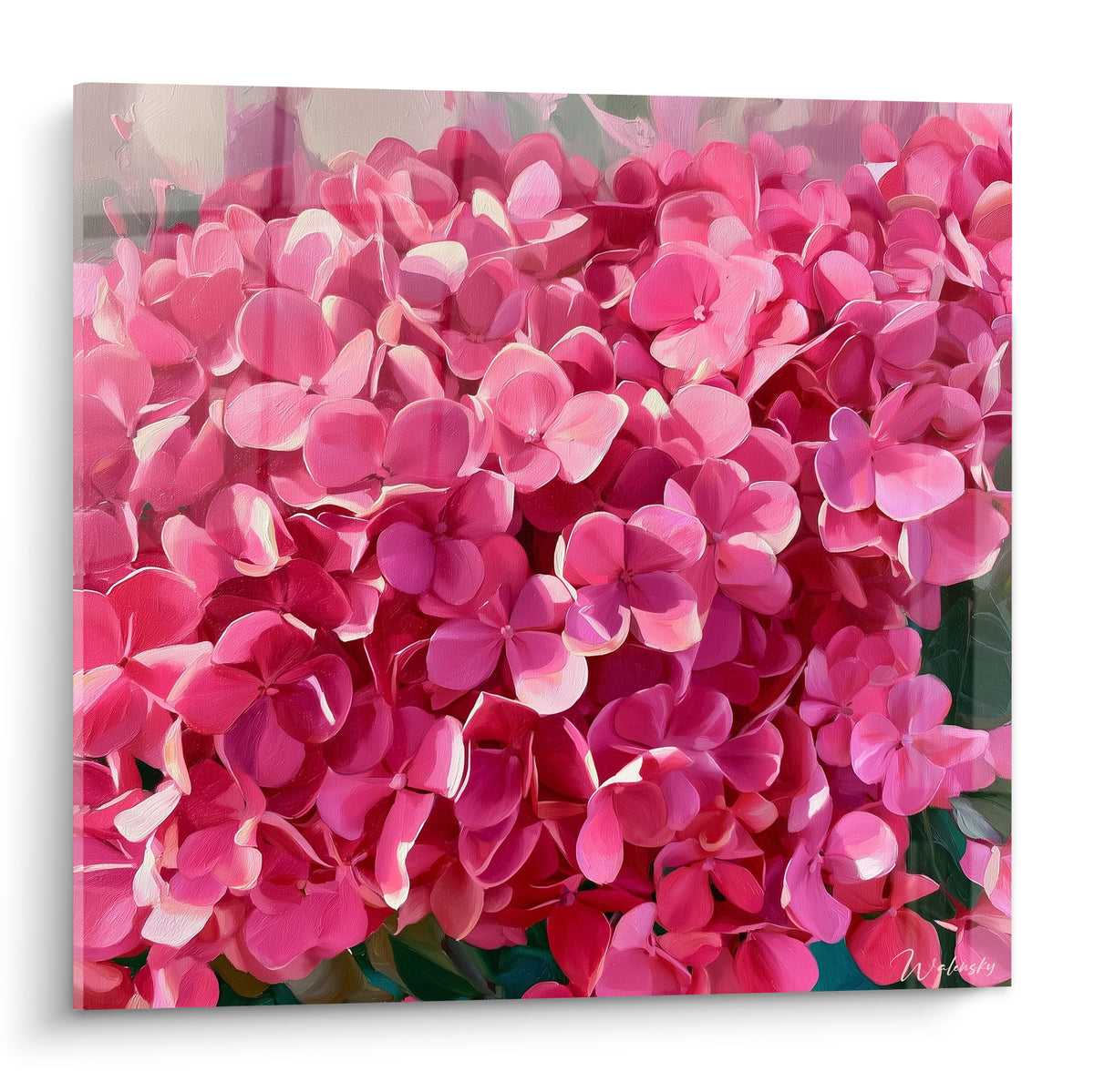 Hortensia rose fuchsia et vert profond en pleine floraison, touches picturales empâtées et lumineuses
