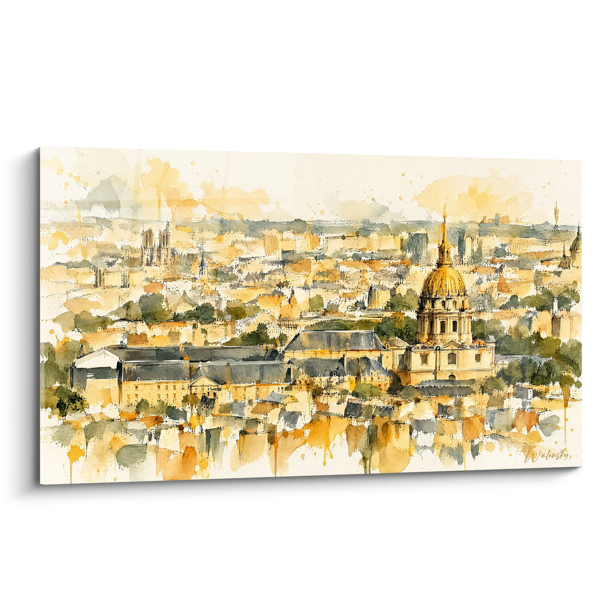 Dôme doré de l'Hôtel des Invalides dominant les toits ocre et anthracite de Paris en aquarelle