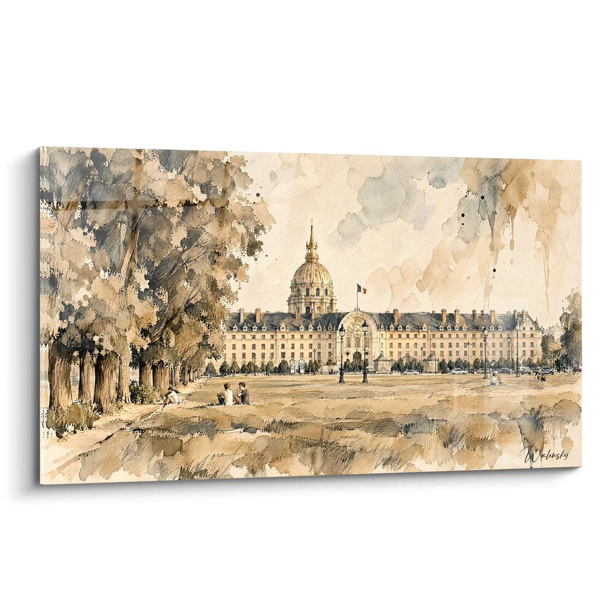 Hôtel des Invalides doré et sépia, dôme et façade classique en aquarelle panoramique