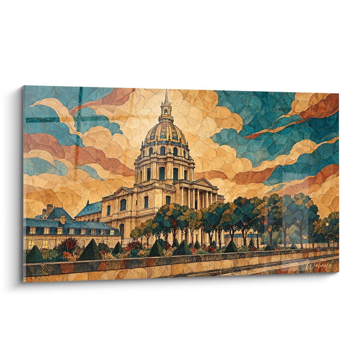 Dôme doré de l'Hôtel des Invalides sous un ciel ocre et bleu pétrole en vitrail