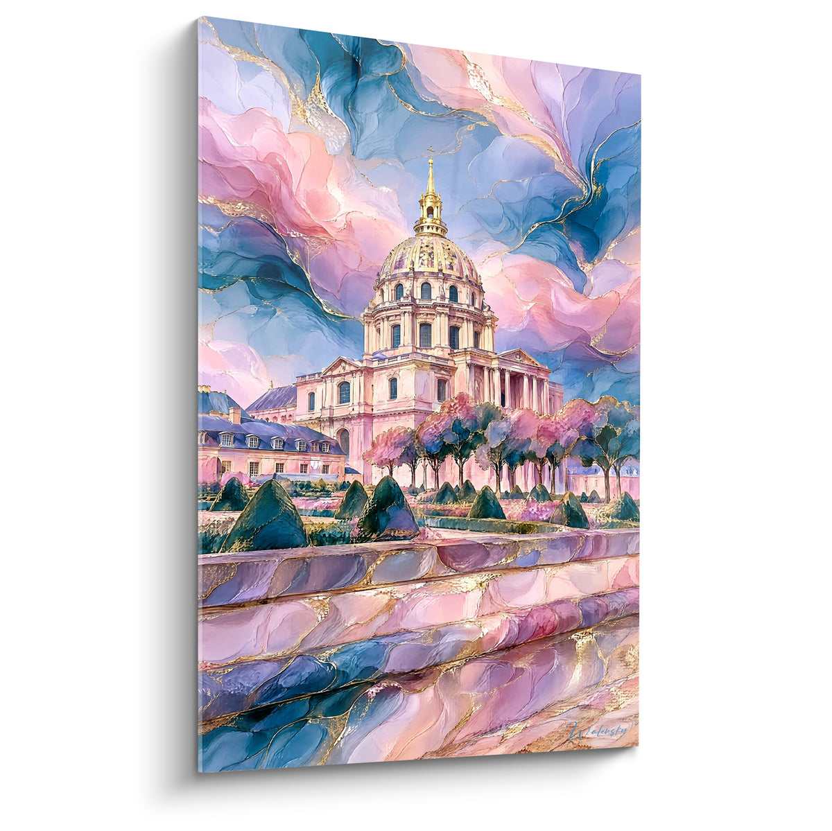 Dôme doré de l'Hôtel des Invalides peint en rose pastel et bleu marine tourbillonnant