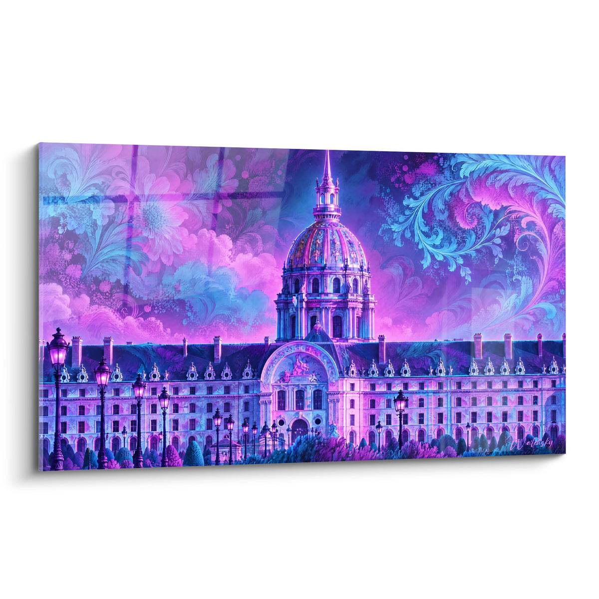 Hôtel des Invalides au dôme doré sous un ciel violet et turquoise orné de motifs floraux