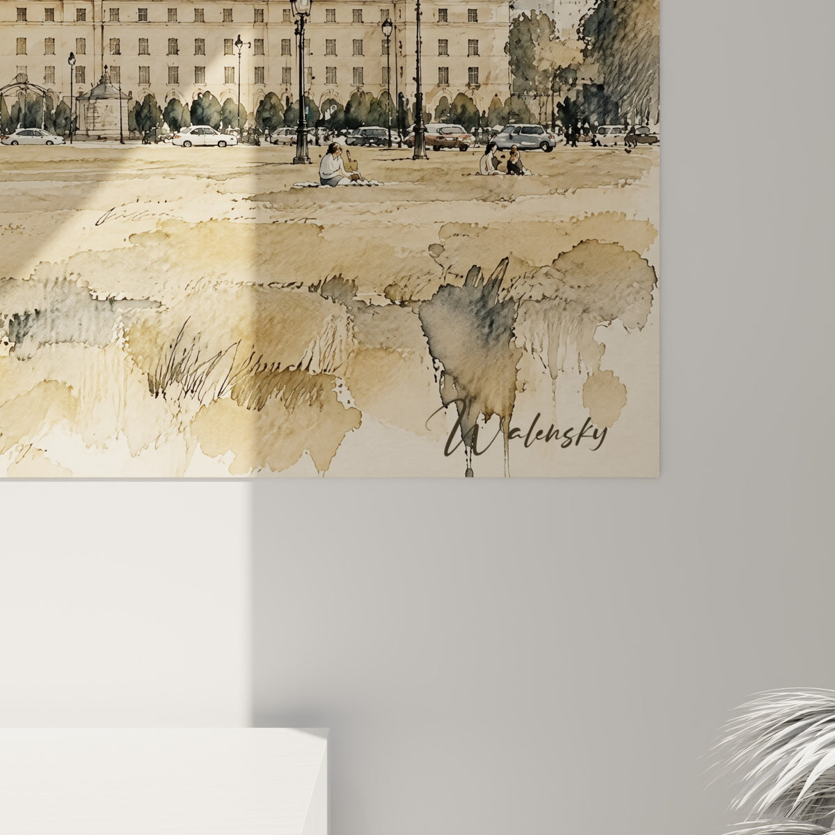 Coulures sépia et touches dorées sur la toile, grain visible de l'aquarelle représentant le dôme