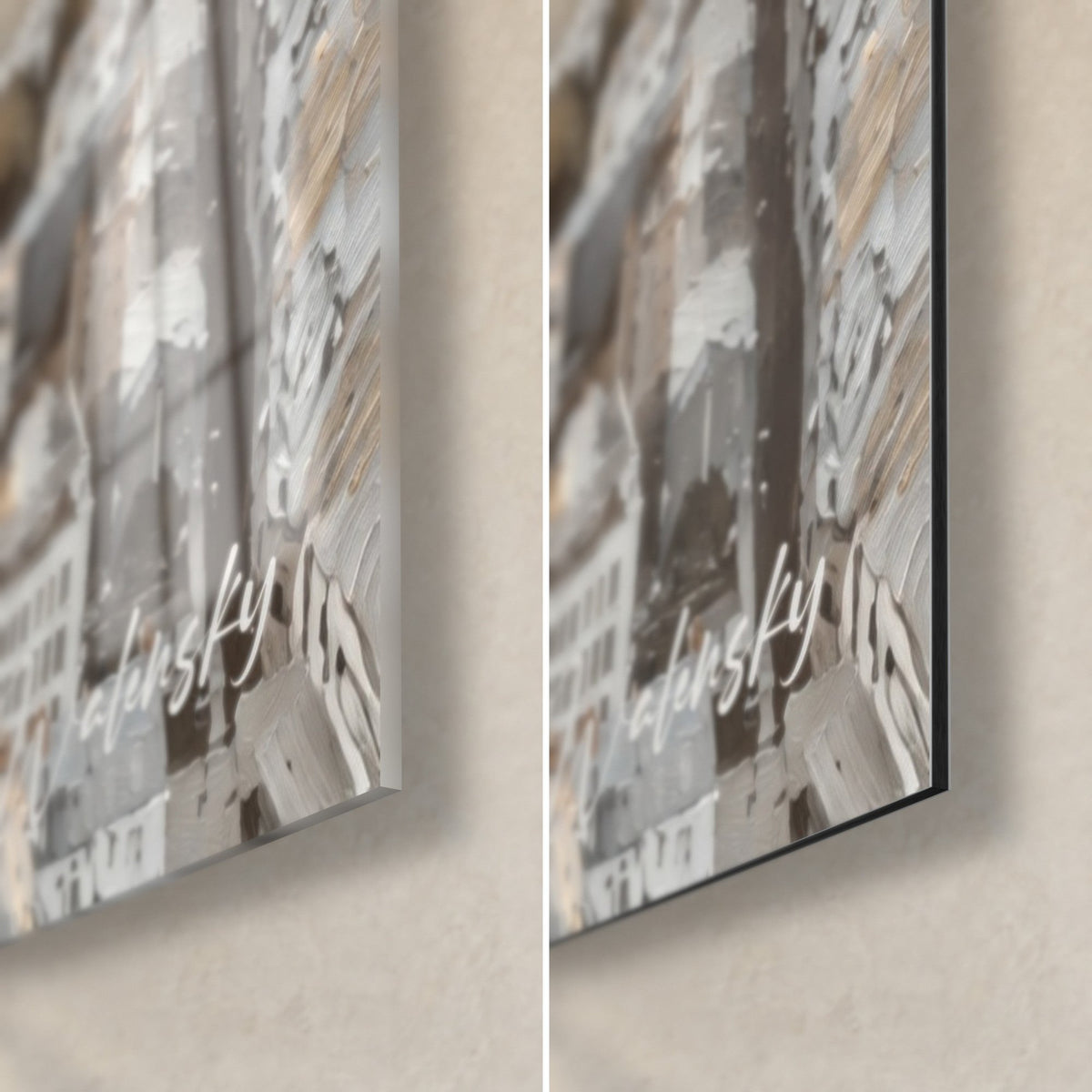 Wall art aerial view of Paris, lower right corner, glossy acrylic glass on the left, matte black Dibond aluminium on the right, white signature