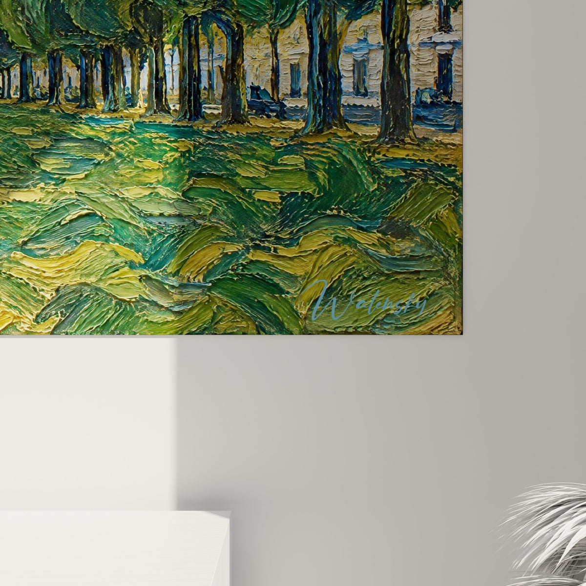 Empâtements épais en vert sauge et ocre jaune révélant la matière peinte du dôme doré et du ciel bleu