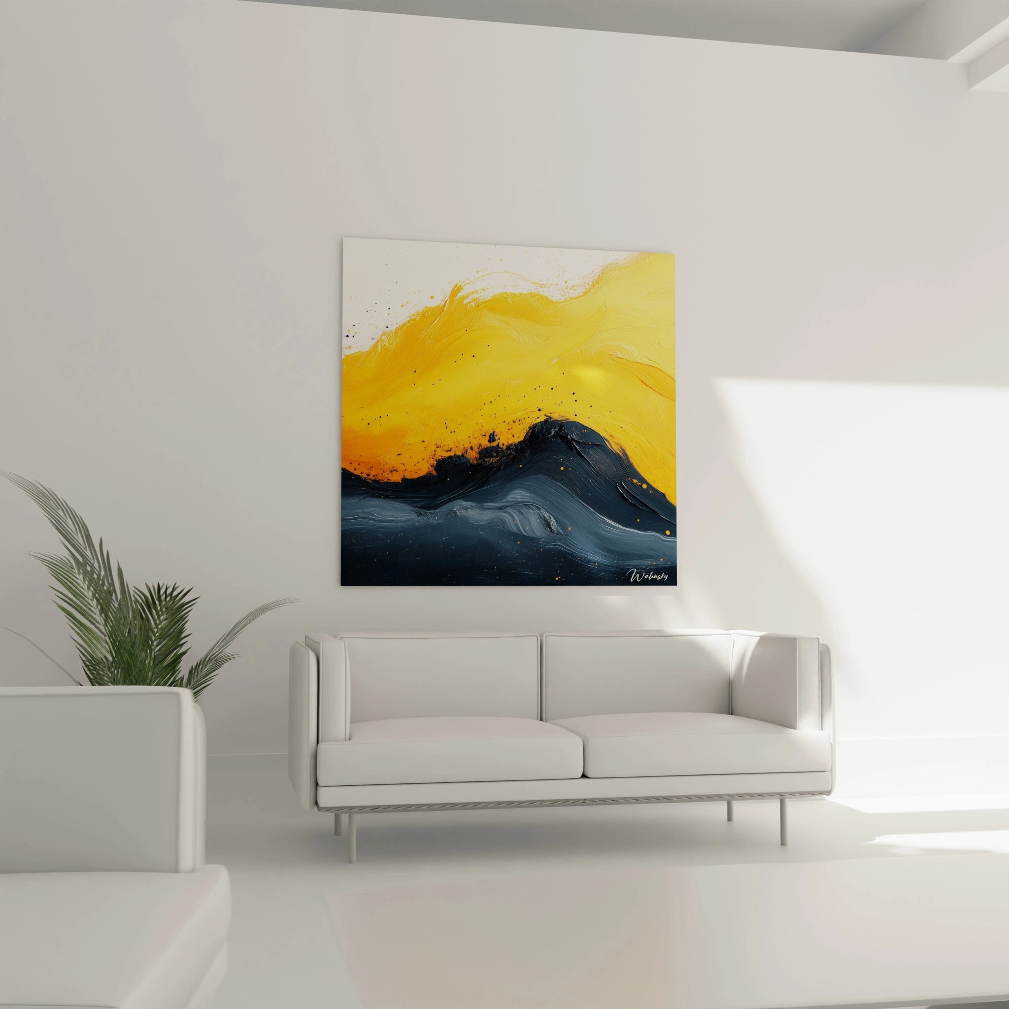 Tableau moderne abstrait de Walensky avec des vagues jaunes et bleues sur un mur blanc