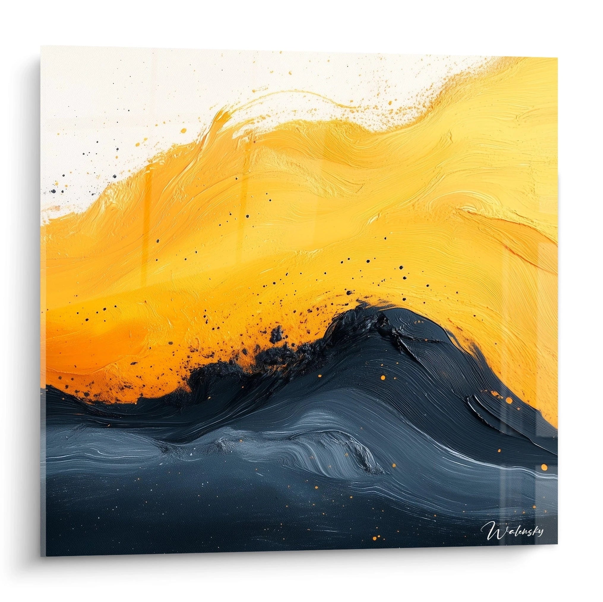 Tableau moderne abstrait Walensky avec des vagues de noir et de jaune éclatant en texture riche