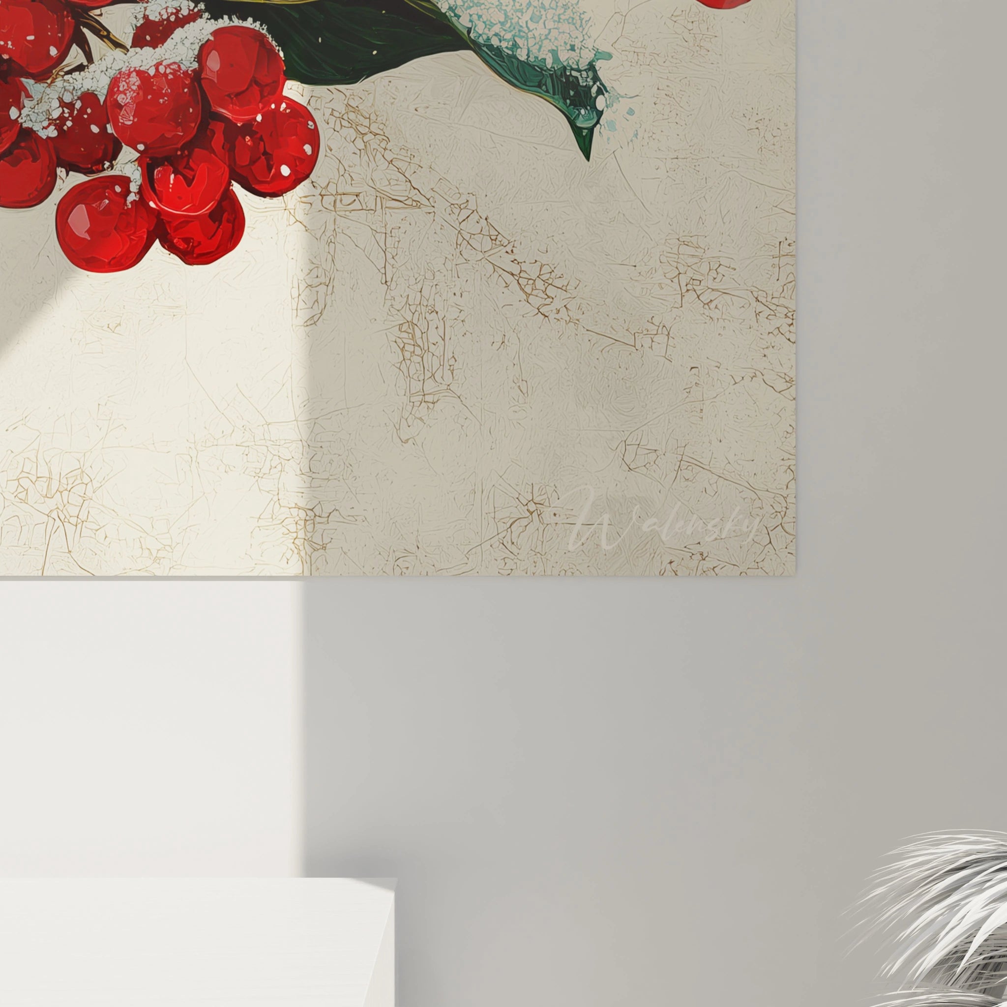 Tableau décoration Noël houx avec des baies rouges, parfait pour une ambiance festive