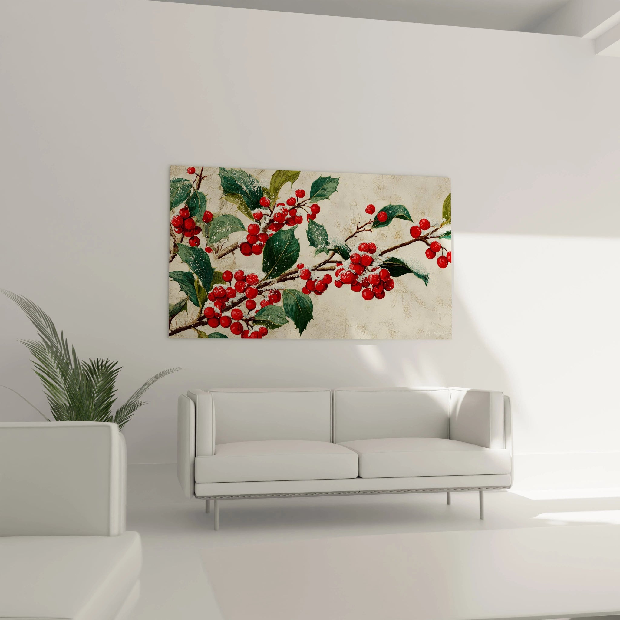 Tableau décoration Noël houx avec des baies rouges et un fond neutre pour une ambiance festive